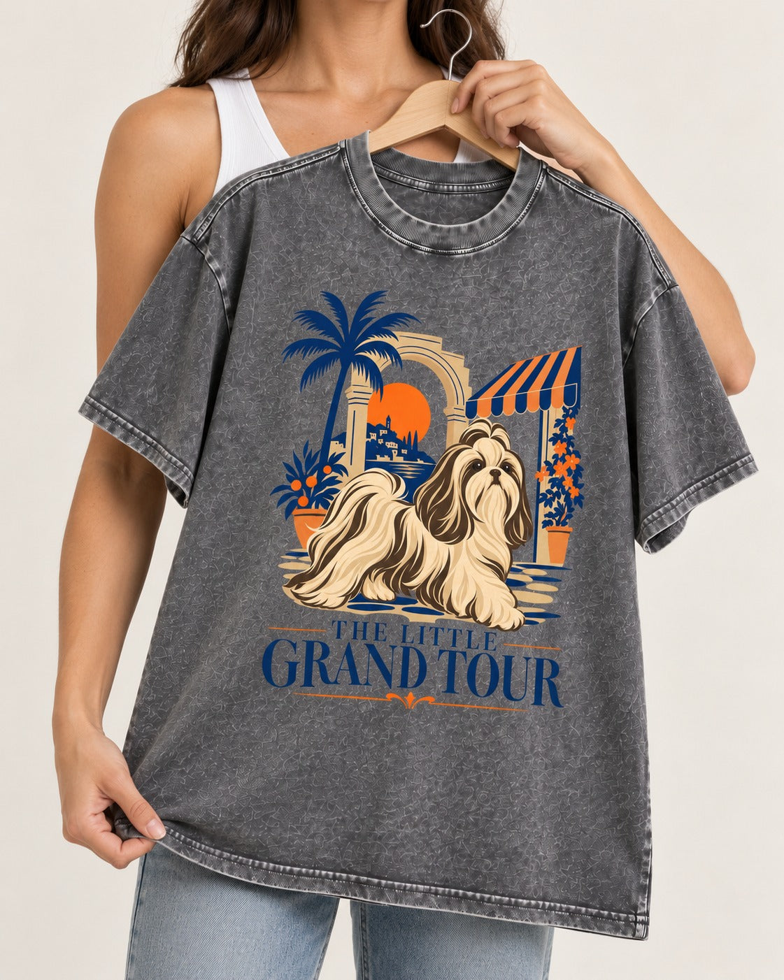 Shih Tzu The Little Grand Tour Mediterranean Courtyard Graphic Washed Tee in Gray, held up on a hanger