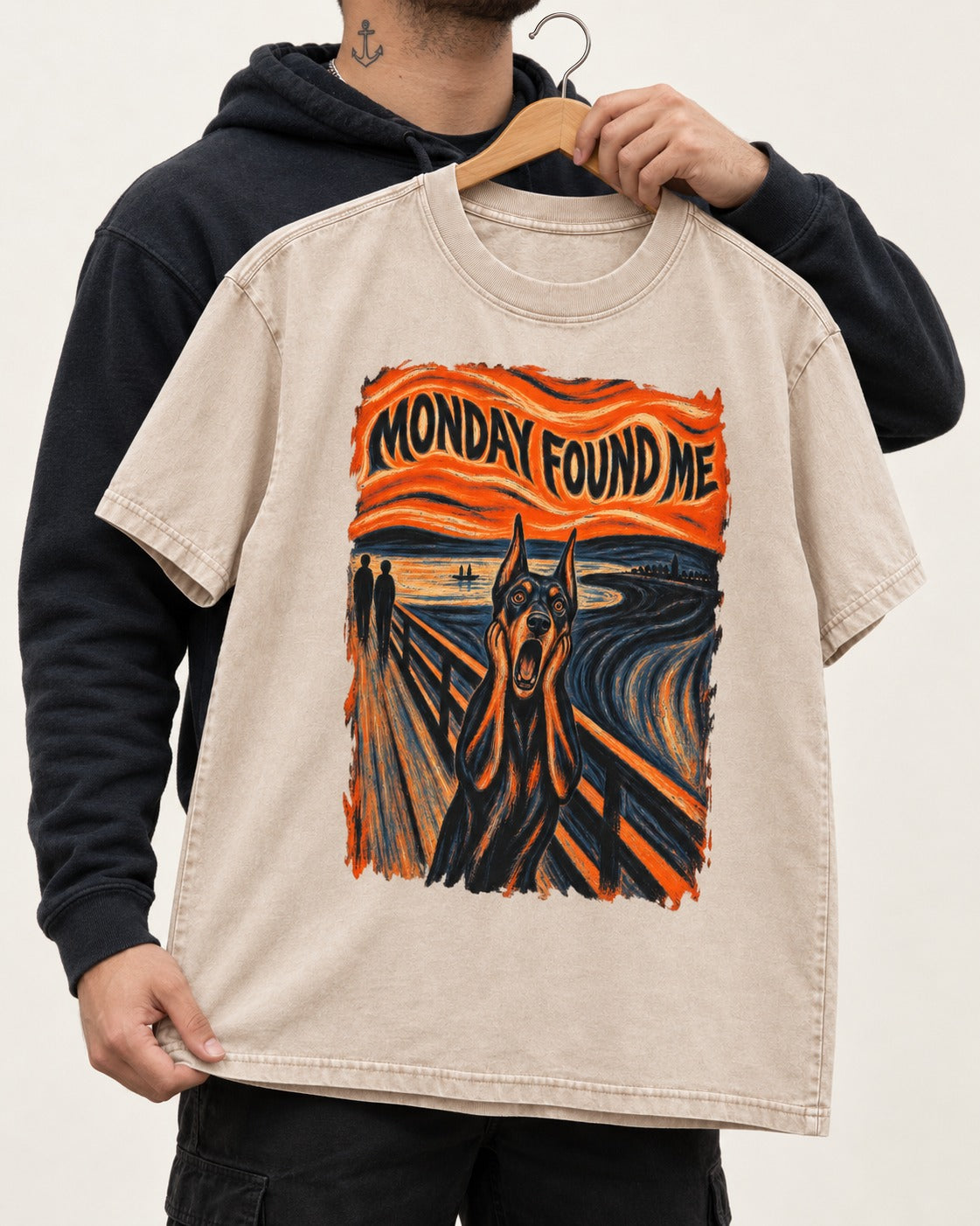 Doberman Monday Found Me Scream Graphic Washed Tee in Apricot, held up on a hanger