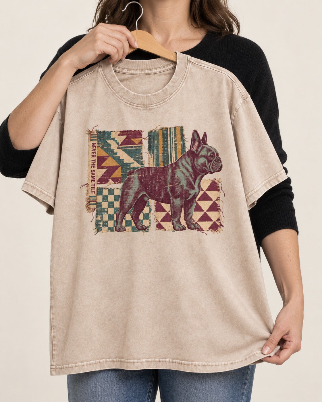 Frenchie Never the Same Tile Textile Graphic Washed Tee in Apricot, held up on a hanger