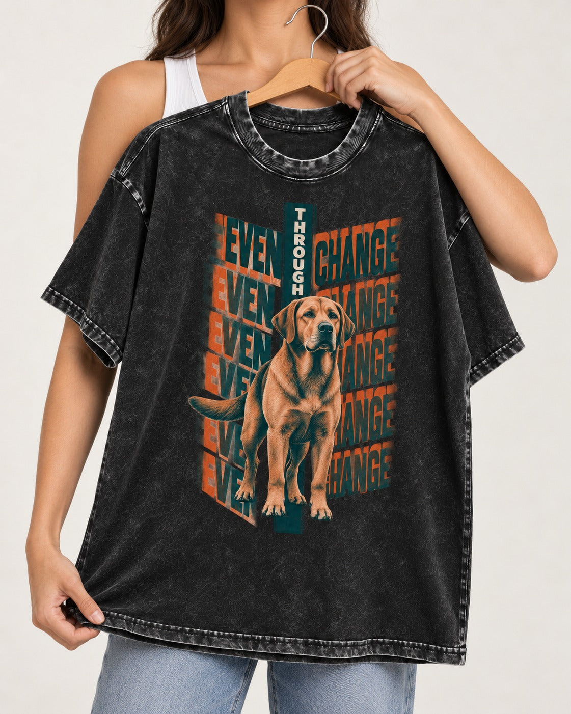 Labrador Retriever Even Through Change Repeated Poster Graphic Washed Tee in Black, held up on a hanger