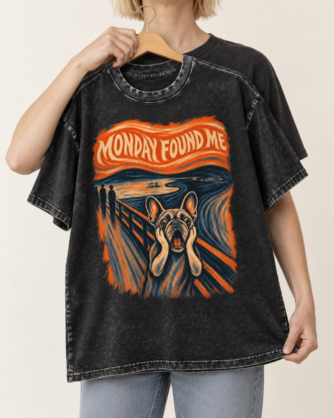 Frenchie Monday Found Me Scream Graphic 194 Washed Tee in Black, held up on a hanger