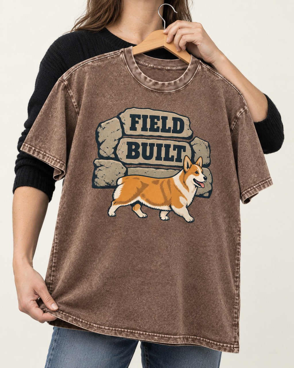 Field Built Corgi Washed Tee in Coffee, held up on a hanger