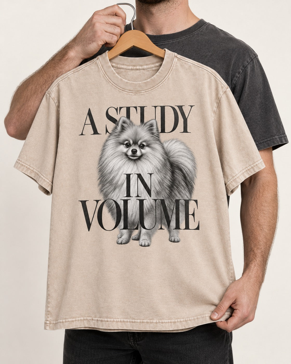 Pomeranian Study in Volume Washed Tee in Apricot, held up on a hanger