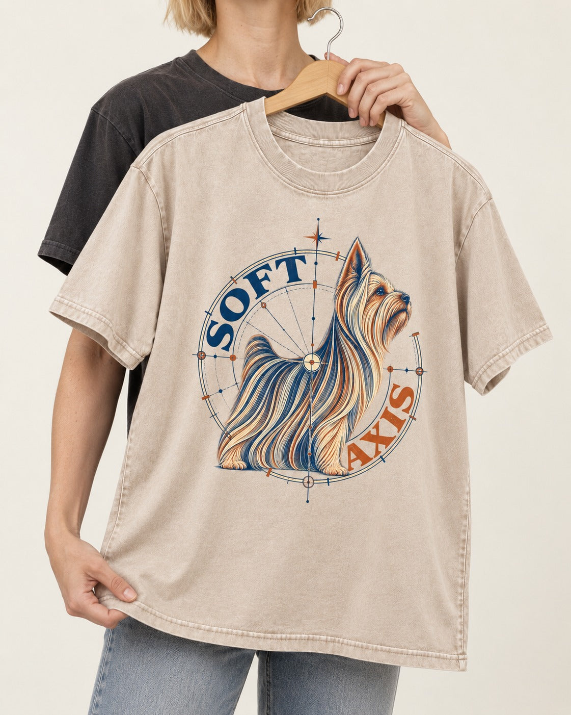 Soft Axis Yorkshire Terrier Washed Tee in Apricot, held up on a hanger