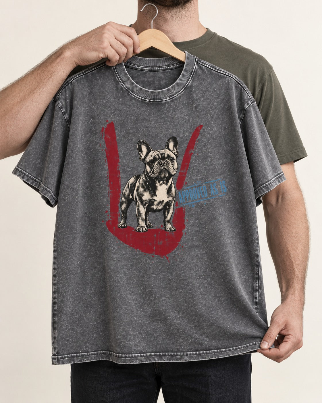 Frenchie Approved As Is Check Mark Graphic Washed Tee in Gray, held up on a hanger