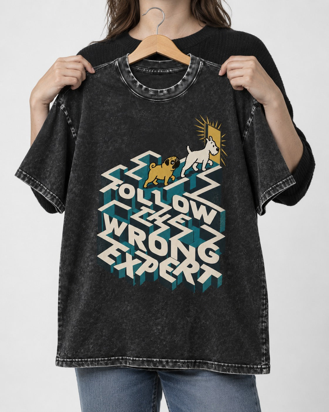 Pug Follow the Wrong Expert Isometric Maze Graphic Washed Tee in Black, held up on a hanger