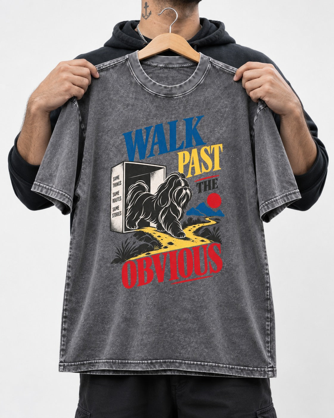 Shih Tzu Walk Past the Obvious Washed Tee in Gray, held up on a hanger