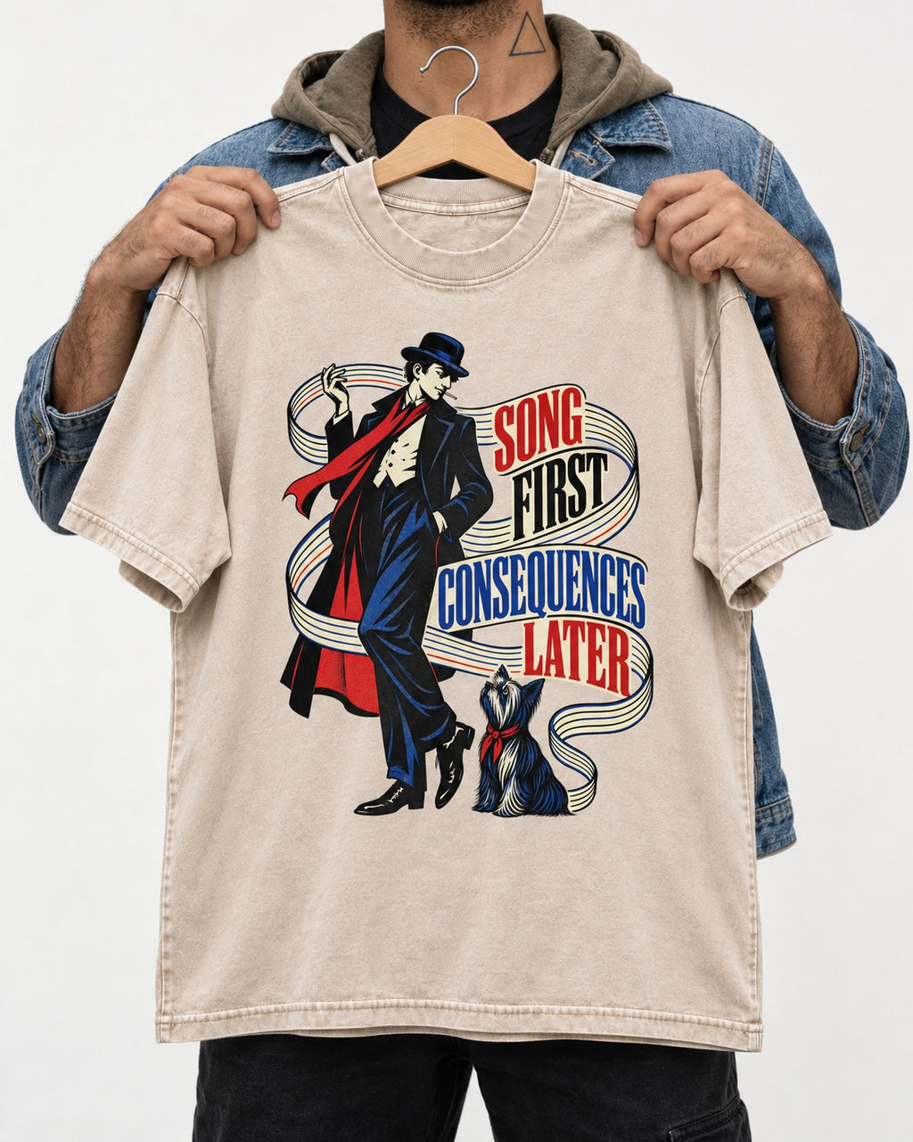 Yorkshire Terrier Song First Consequences Later Washed Tee in Apricot, held up on a hanger