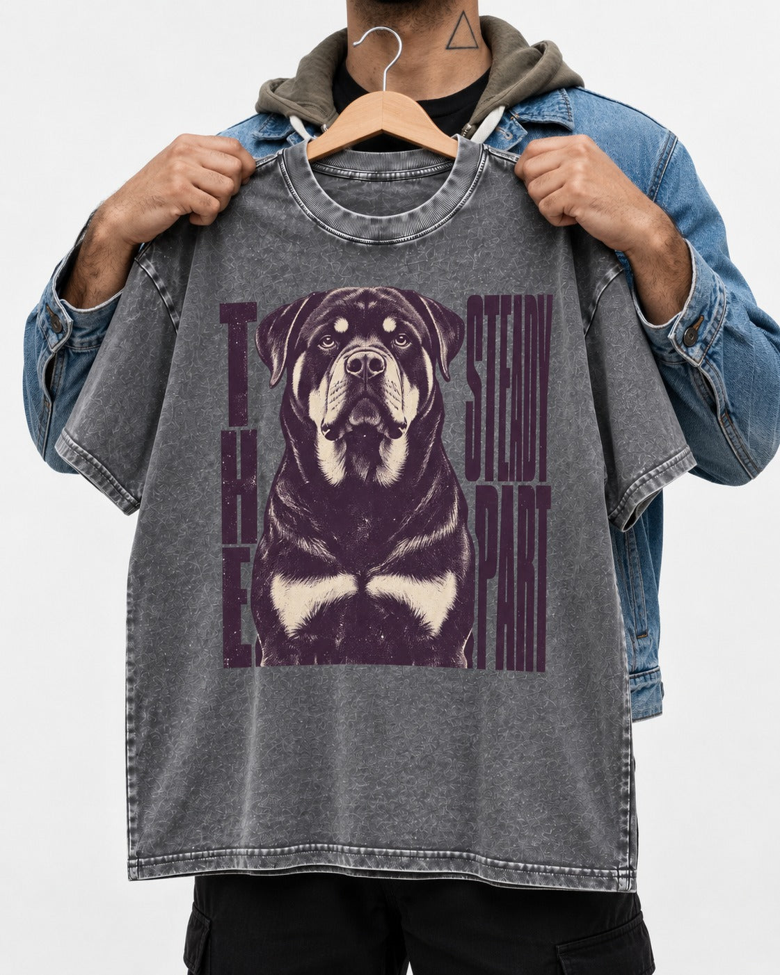 Rottweiler The Steady Part Washed Tee in Gray, held up on a hanger
