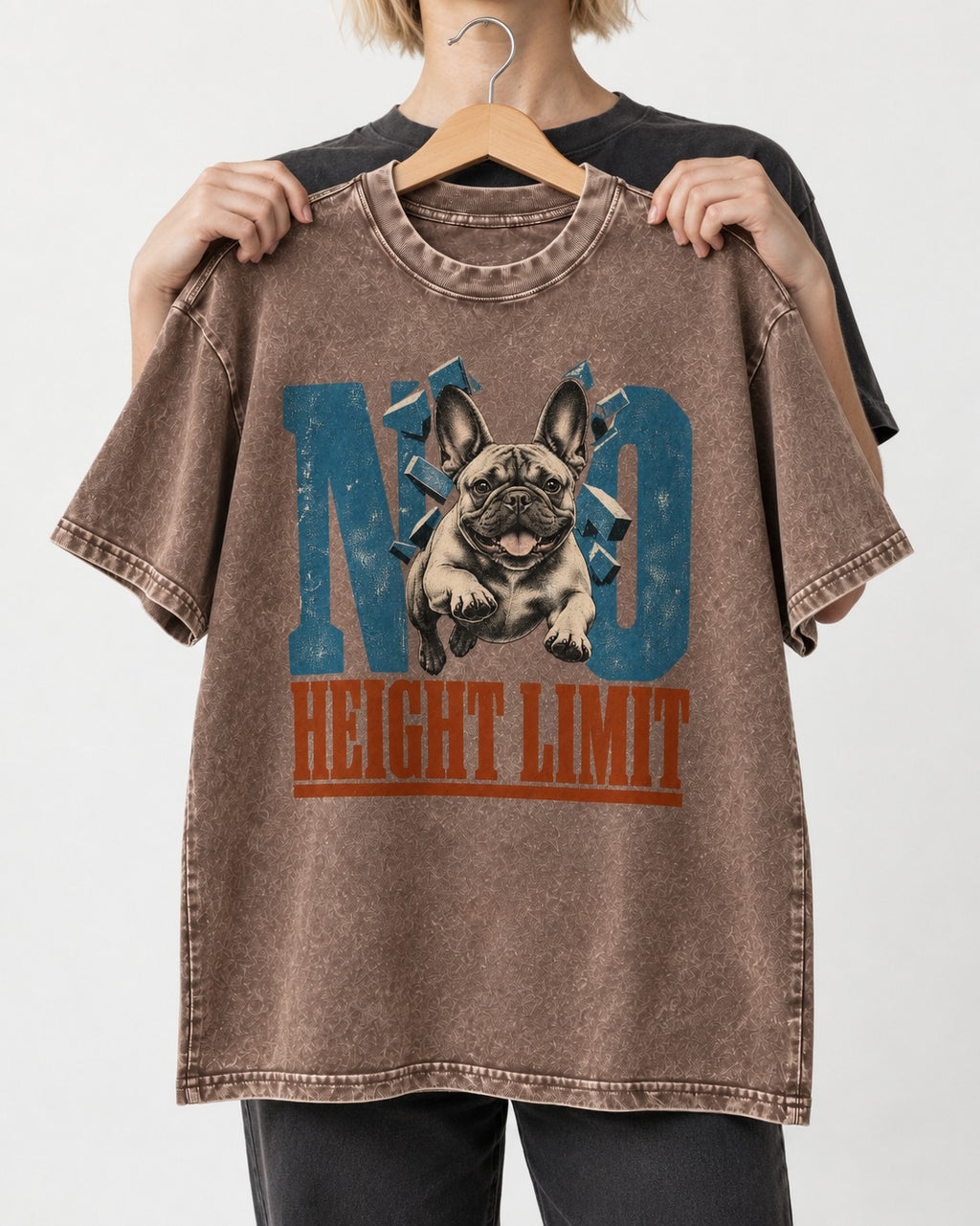 No Height Limit Frenchie Washed Tee in Coffee, held up on a hanger