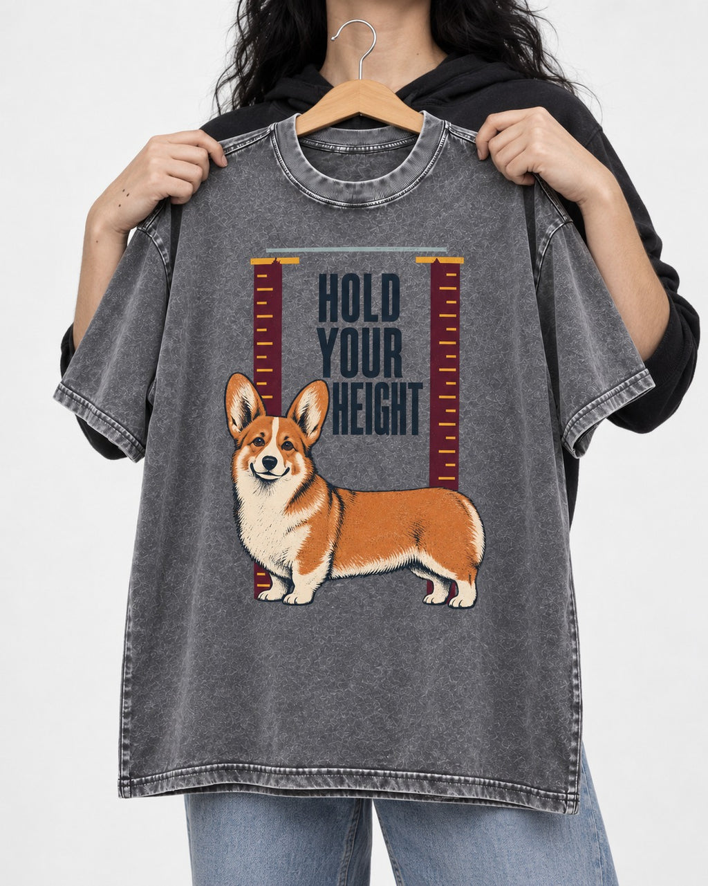 Corgi Hold Your Height Washed Tee in Gray, held up on a hanger