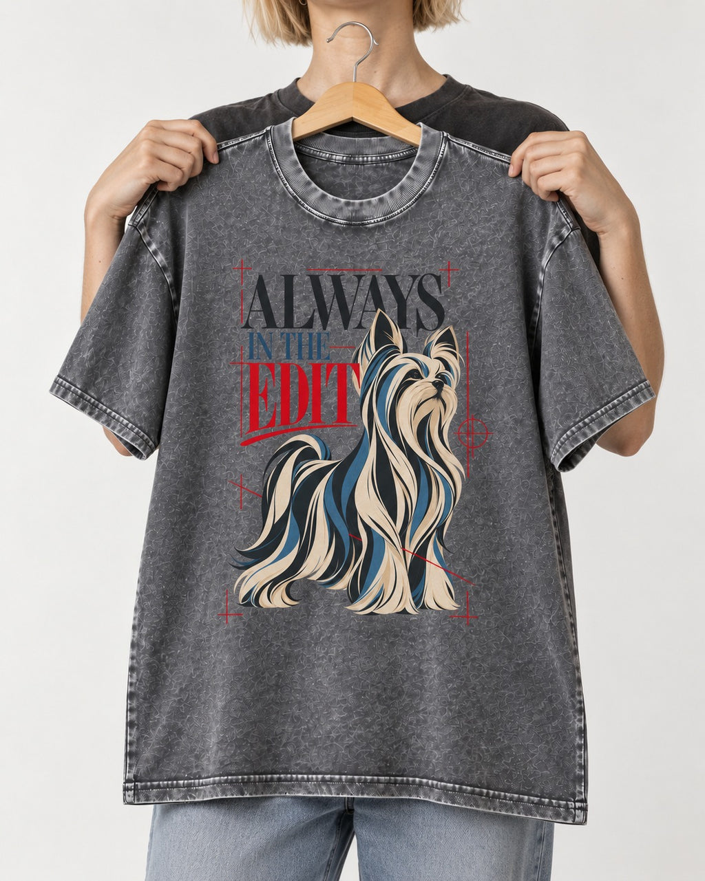 Always in the Edit Yorkshire Terrier Washed Tee in Gray, held up on a hanger