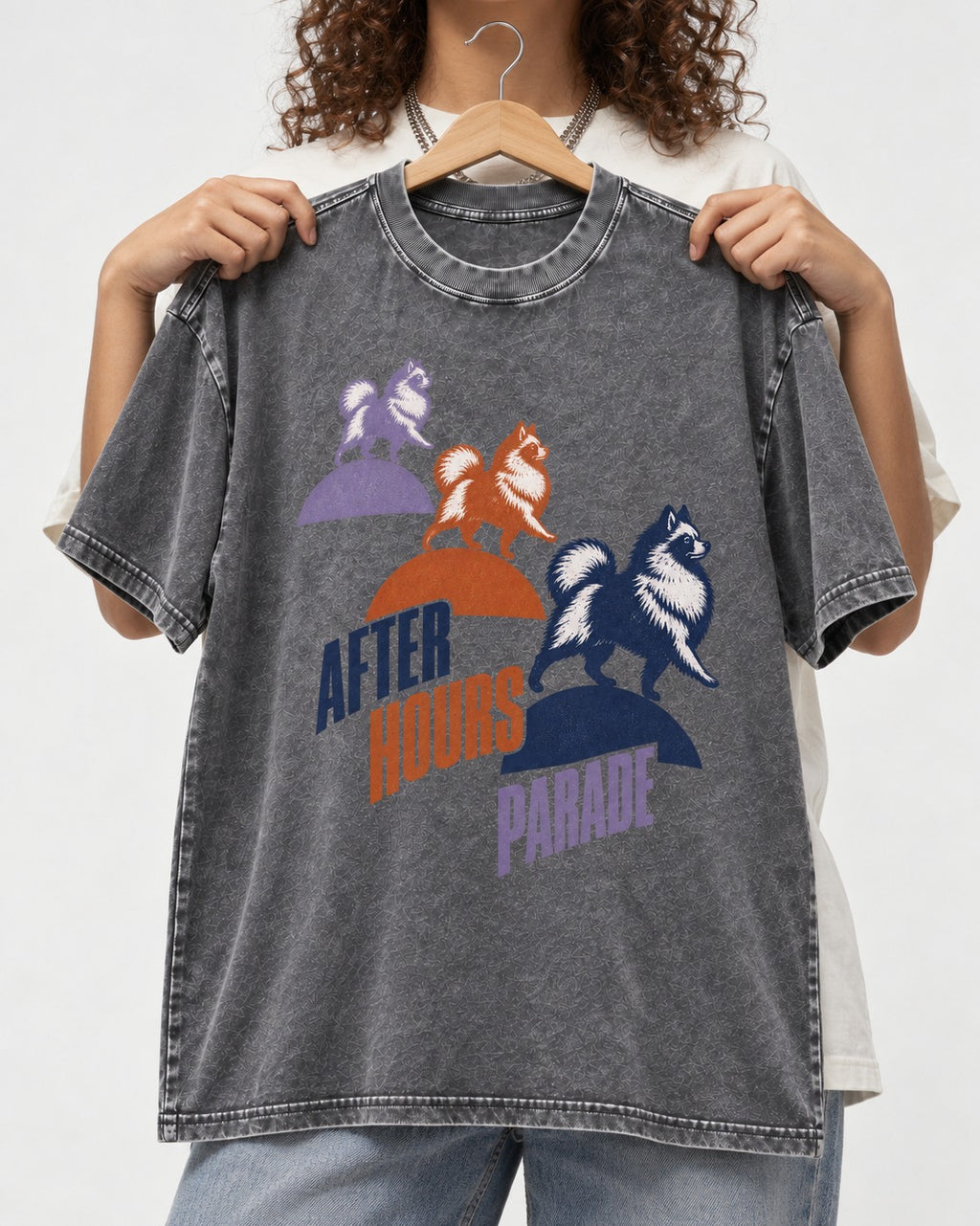 Pomeranian After Hours Parade Washed Tee in Gray, held up on a hanger