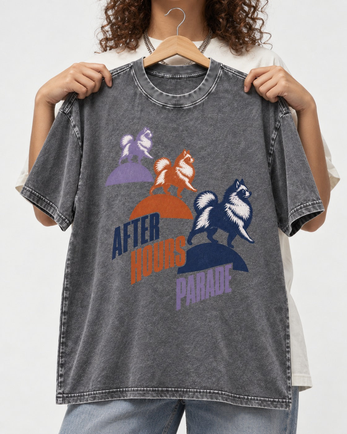 Pomeranian After Hours Parade Washed Tee in Gray, held up on a hanger