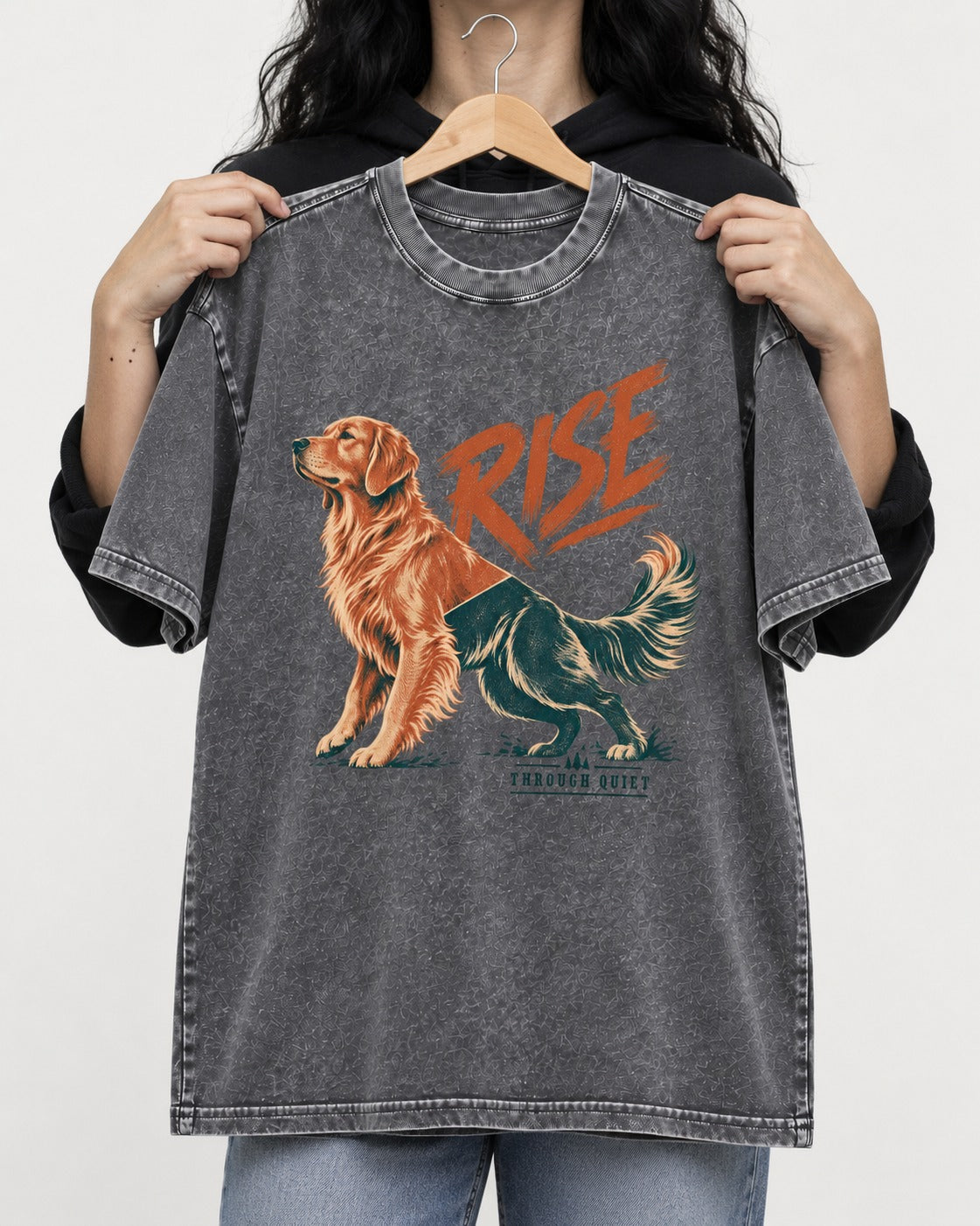 Golden Retriever Rise Through Quiet Washed Tee in Gray, held up on a hanger