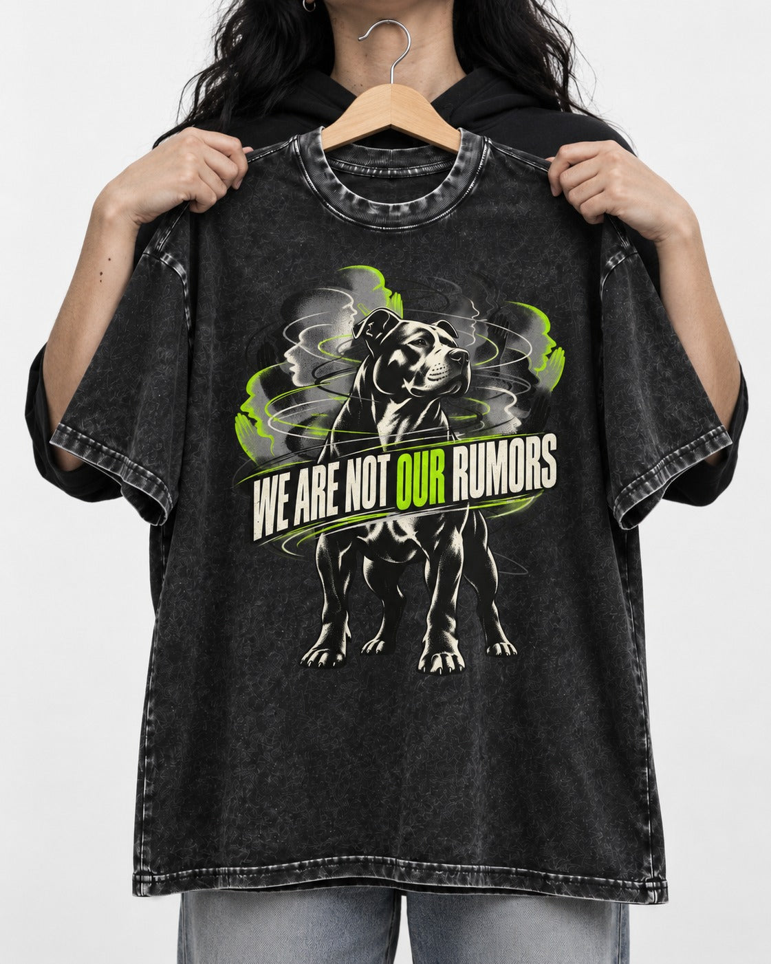 Pitbull We Are Not Our Rumors Swirling Voices Graphic Washed Tee in Black, held up on a hanger