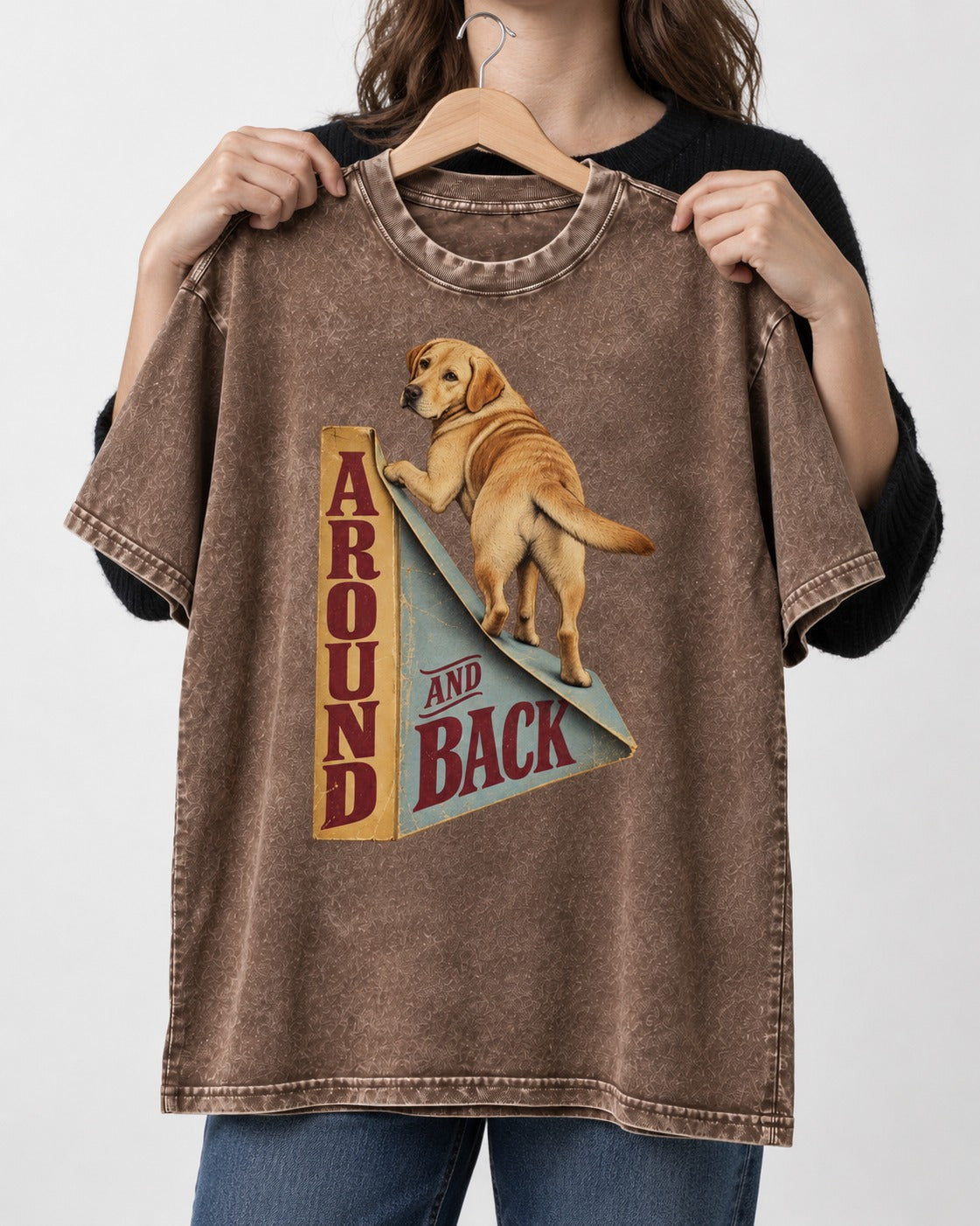 Labrador Retriever Around and Back Washed Tee in Coffee, held up on a hanger