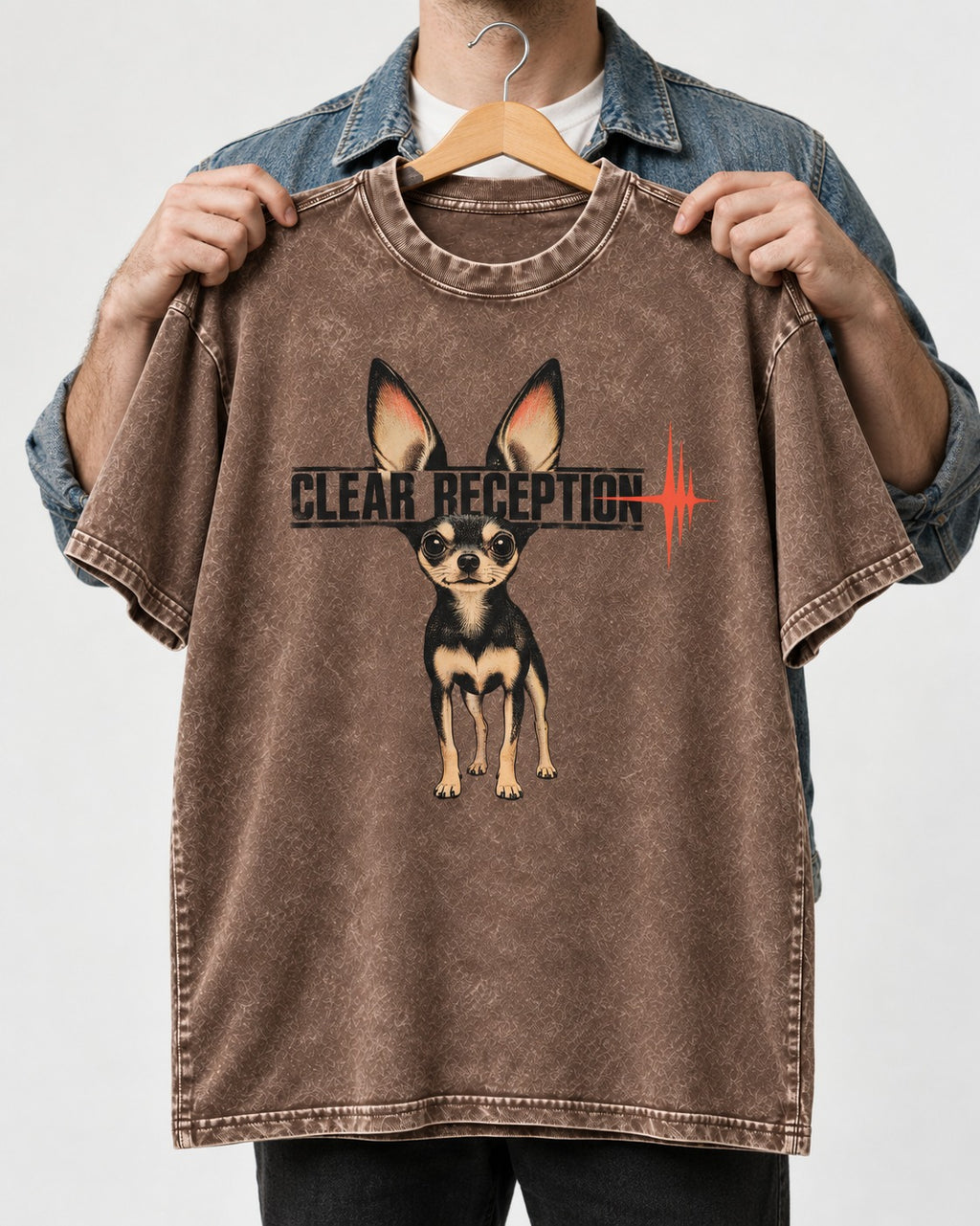 Chihuahua Clear Reception Washed Tee in Coffee, held up on a hanger
