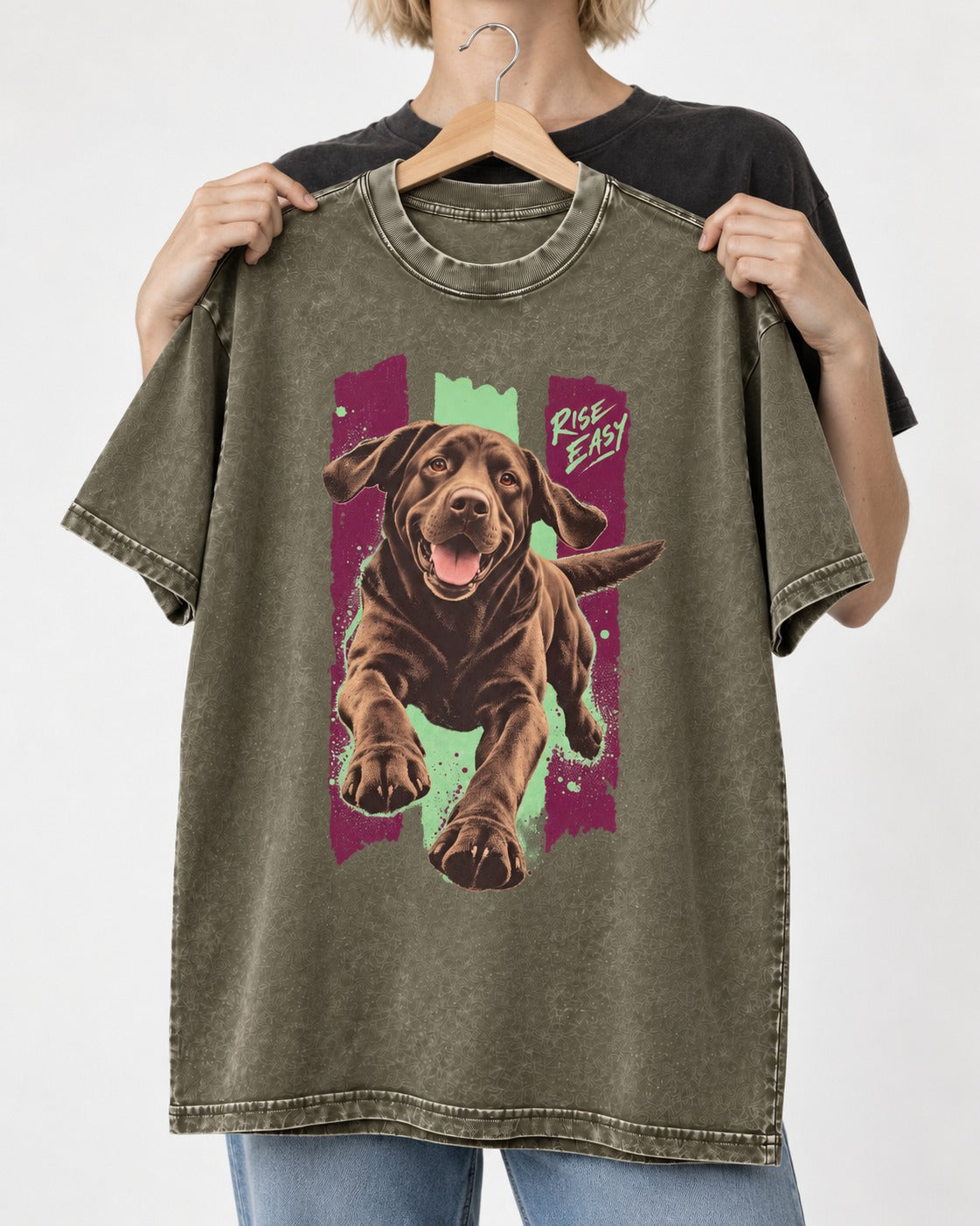 Labrador Retriever Rise Easy Running Chocolate Lab Graphic Washed Tee in Army Green, held up on a hanger