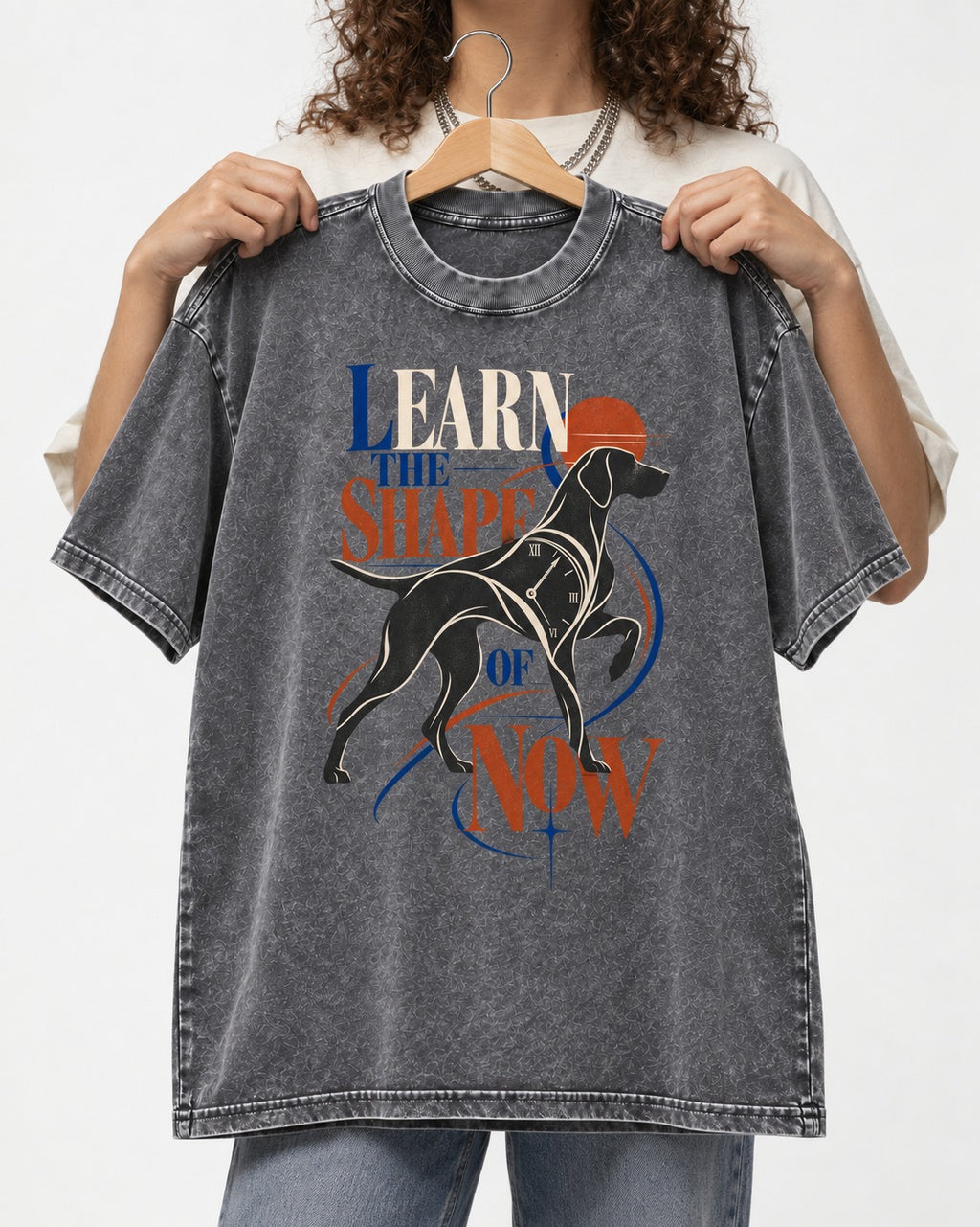 German Shorthaired Pointer Learn the Shape of Now Clock Graphic Washed Tee in Gray, held up on a hanger