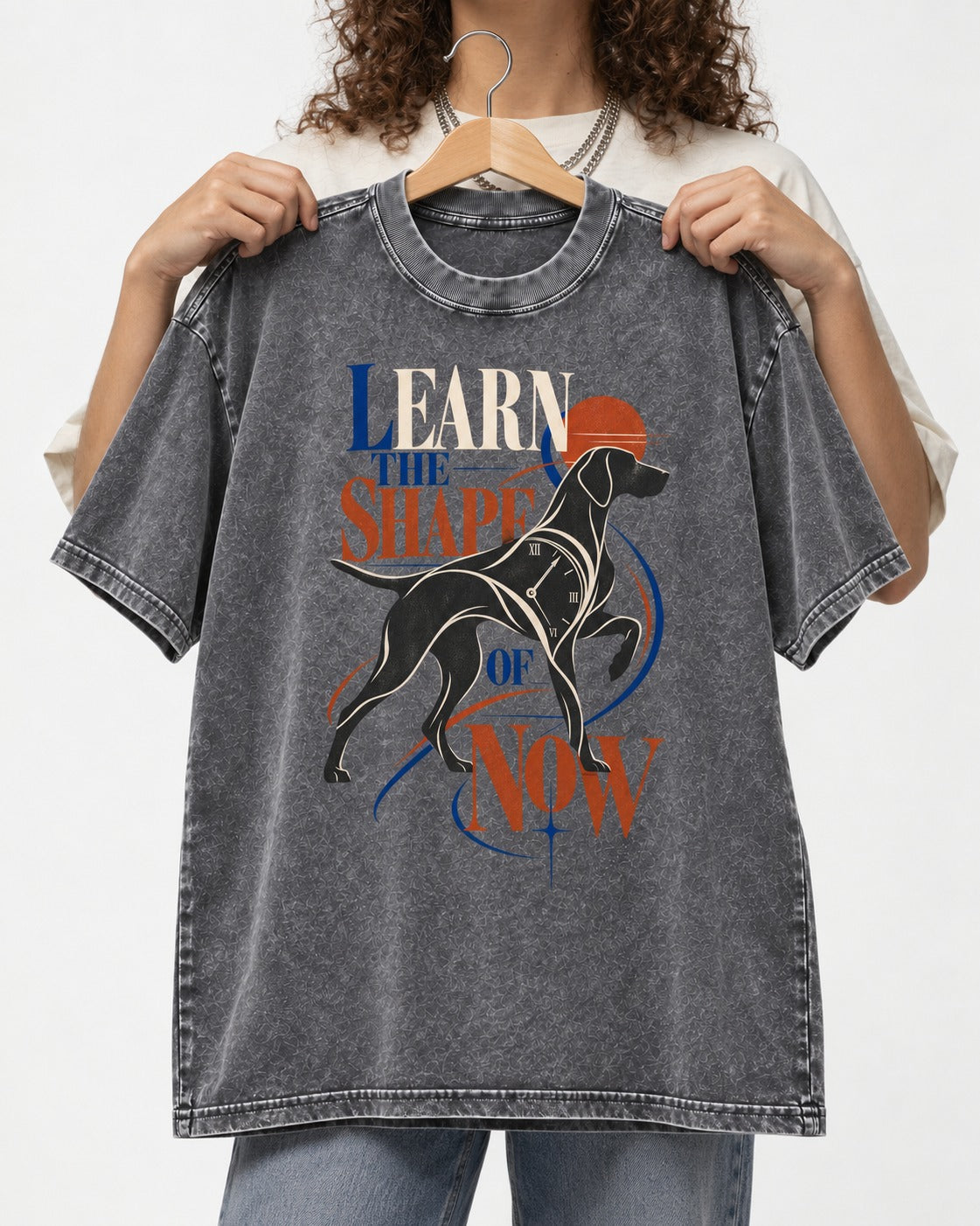German Shorthaired Pointer Learn the Shape of Now Clock Graphic Washed Tee in Gray, held up on a hanger