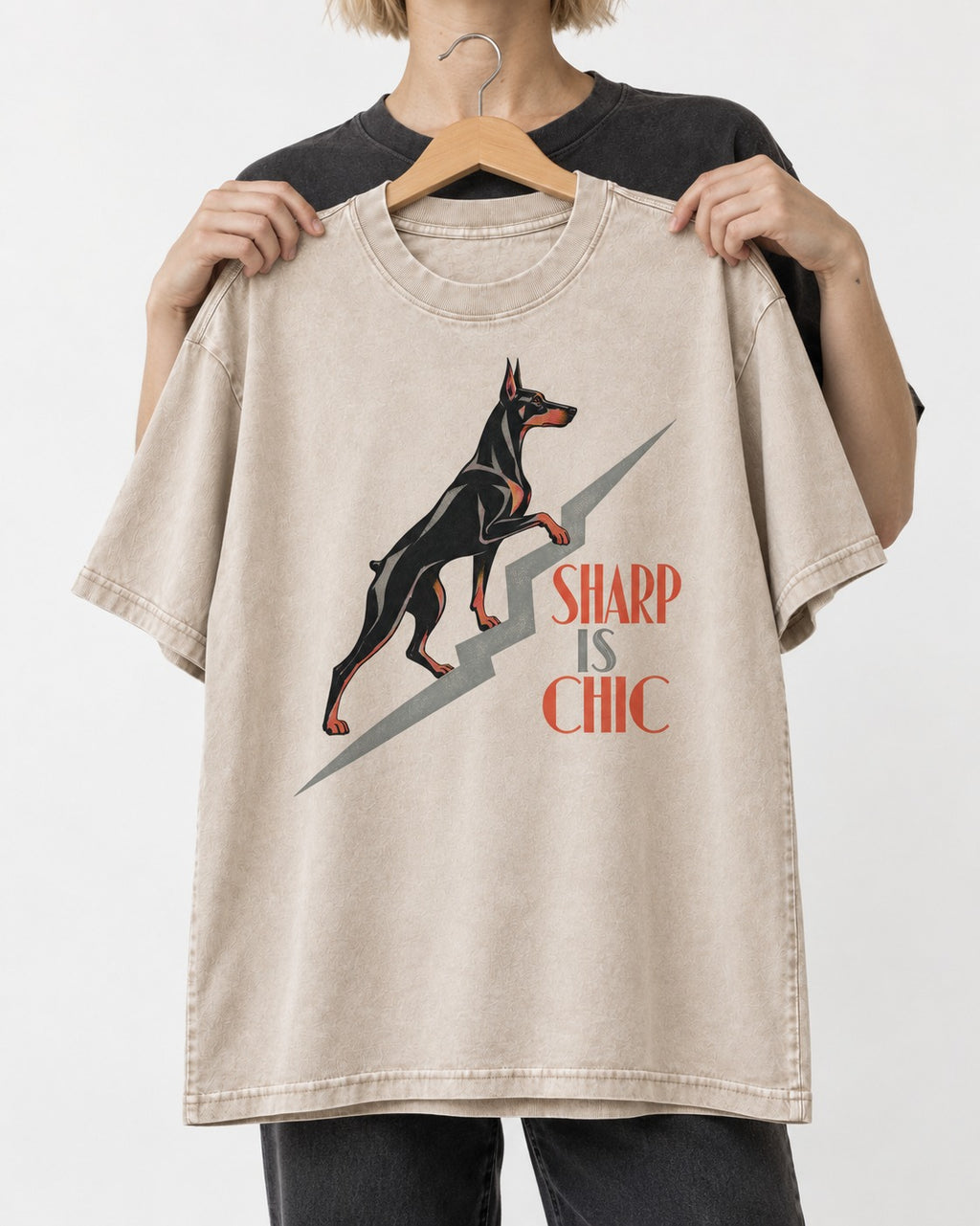 Doberman Is Chic Washed Tee in Apricot, held up on a hanger