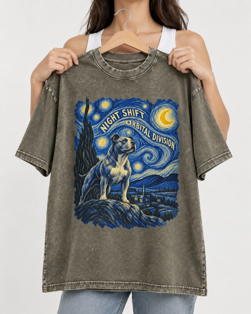 Pitbull Night Shift Orbital Division Starry Night Graphic Washed Tee in Army Green, held up on a hanger