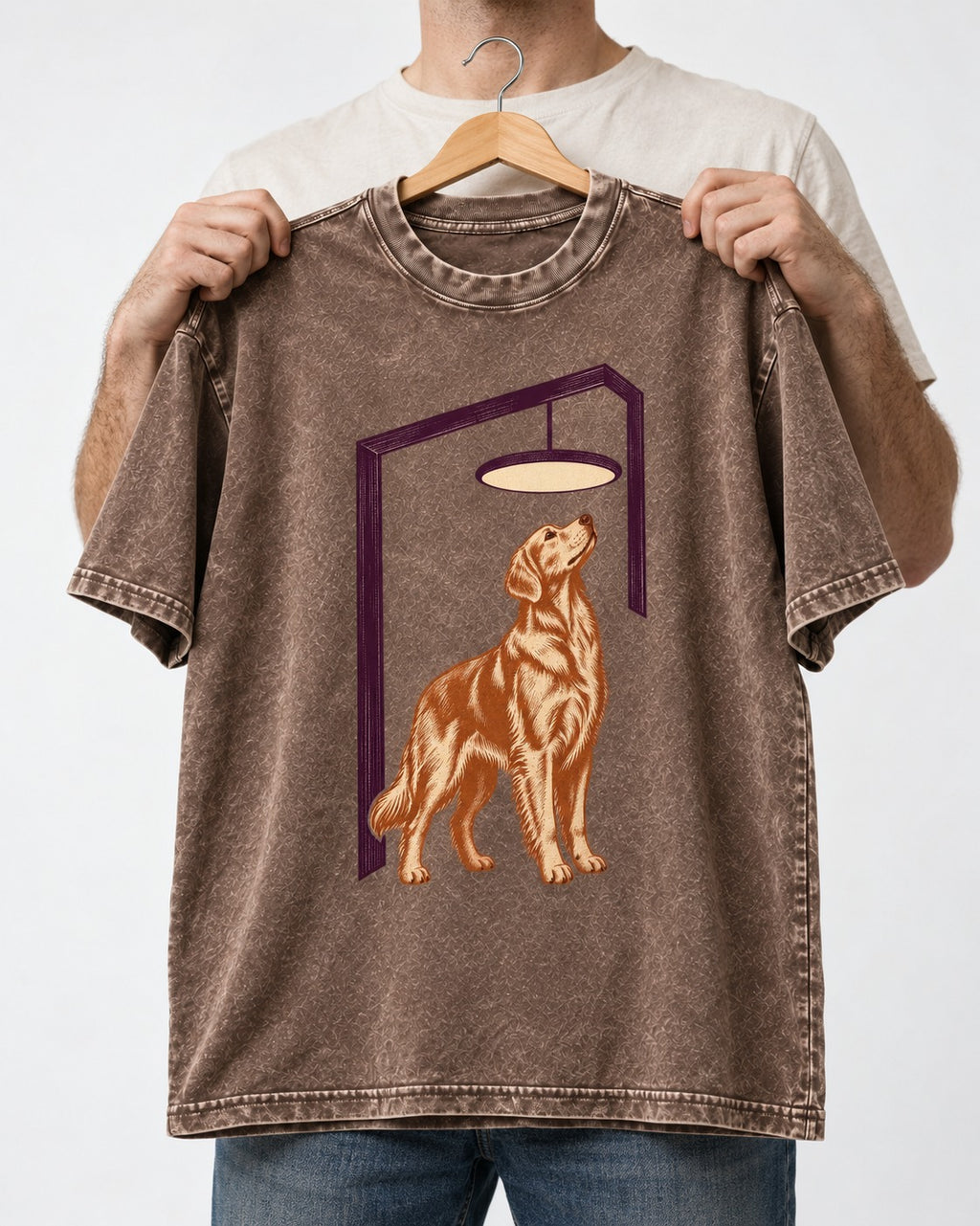 Golden Retriever Bright Idea Washed Tee in Coffee, held up on a hanger