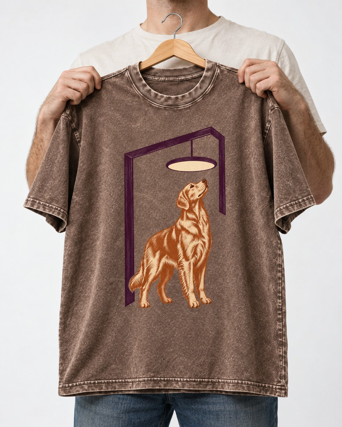 Golden Retriever Bright Idea Washed Tee in Coffee, held up on a hanger