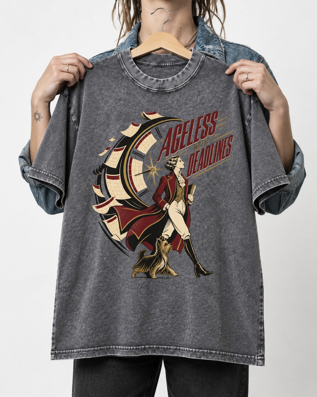 Yorkshire Terrier Ageless with Deadlines Calendar Clock Graphic Washed Tee in Gray, held up on a hanger