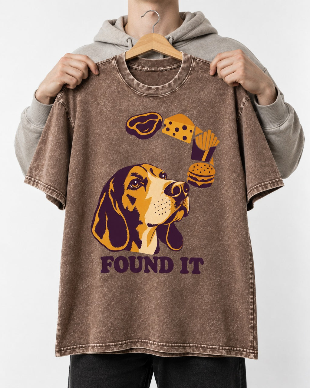 Beagle Found It Washed Tee in Coffee, held up on a hanger