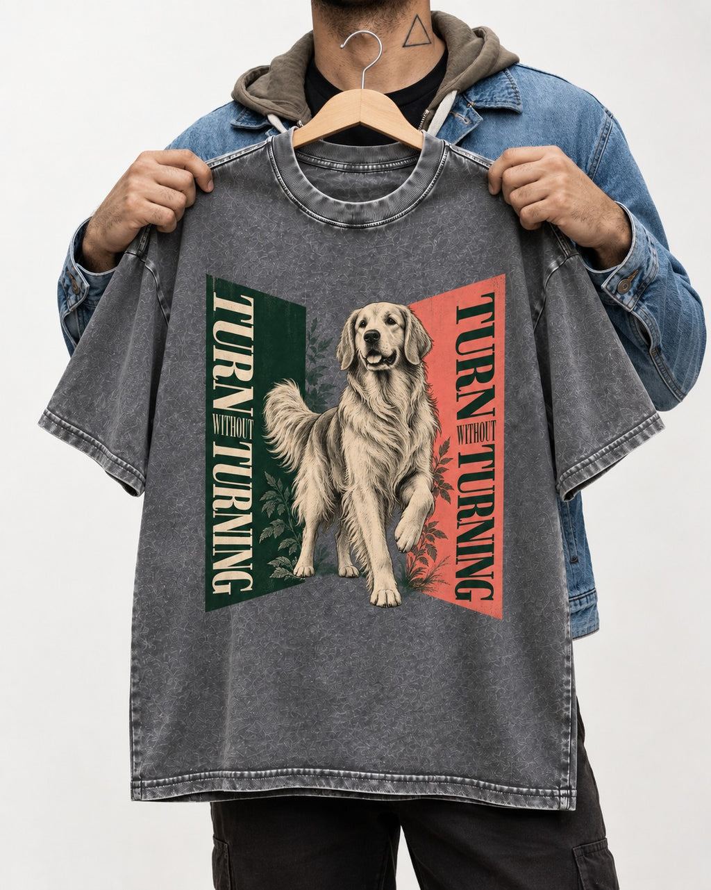 Golden Retriever Turn Without Turning Gateway Graphic Washed Tee in Gray, held up on a hanger