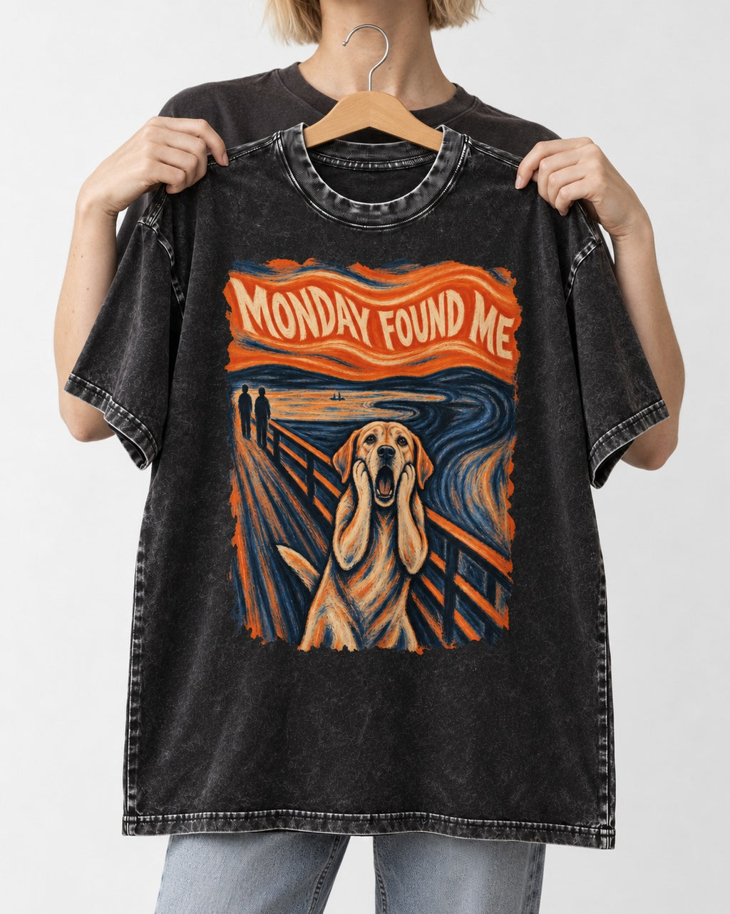 Labrador Retriever Monday Found Me Scream Parody Graphic Washed Tee in Black, held up on a hanger