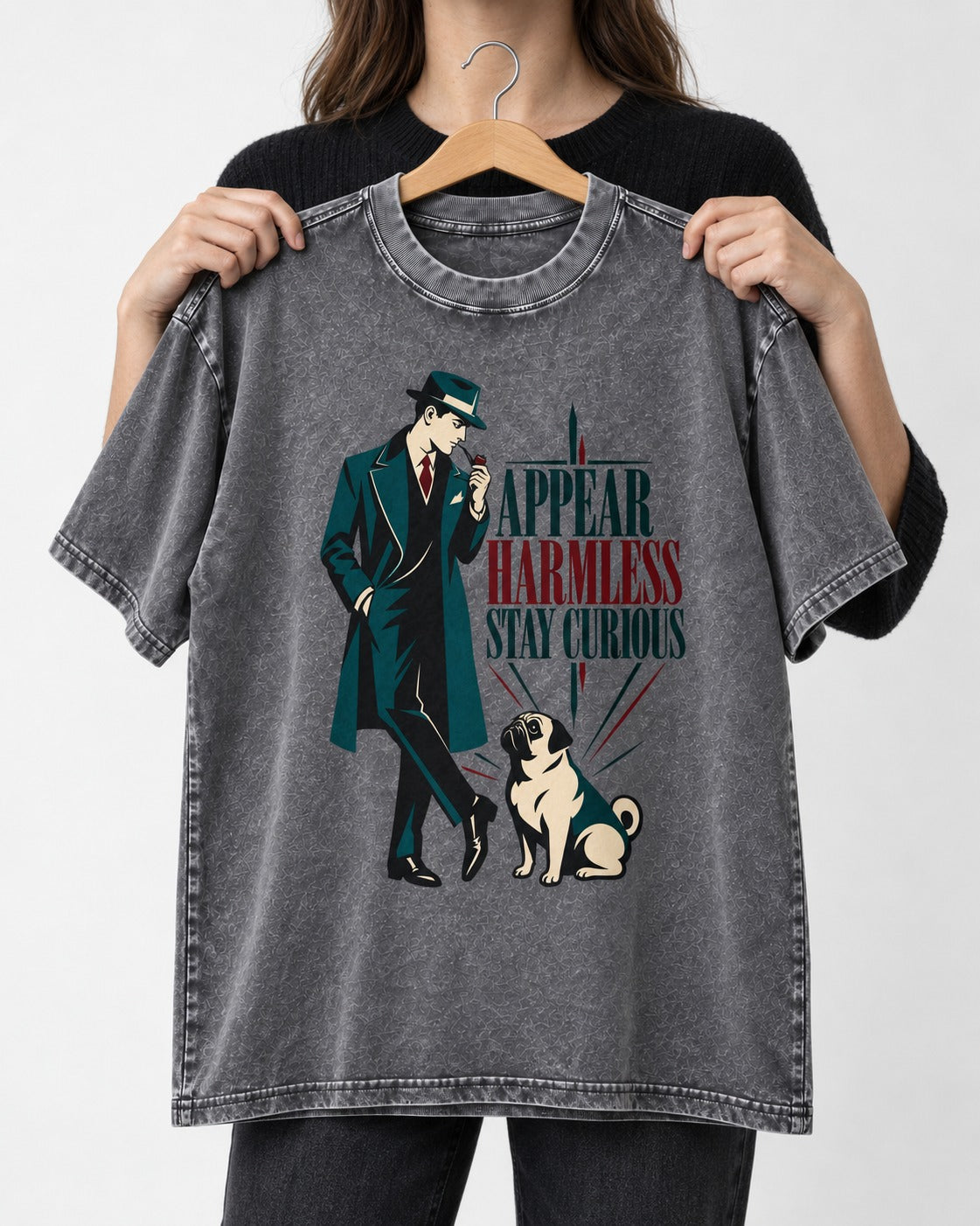 Pug Appear Harmless Stay Curious Washed Tee in Gray, held up on a hanger