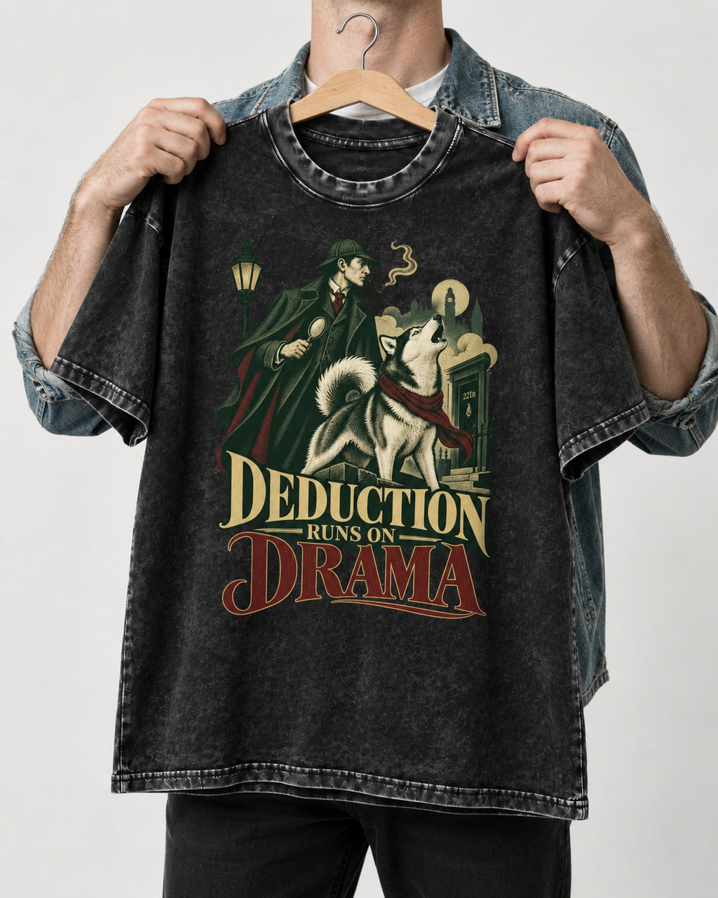 Husky Deduction Runs on Drama Detective Graphic Washed Tee in Black, held up on a hanger