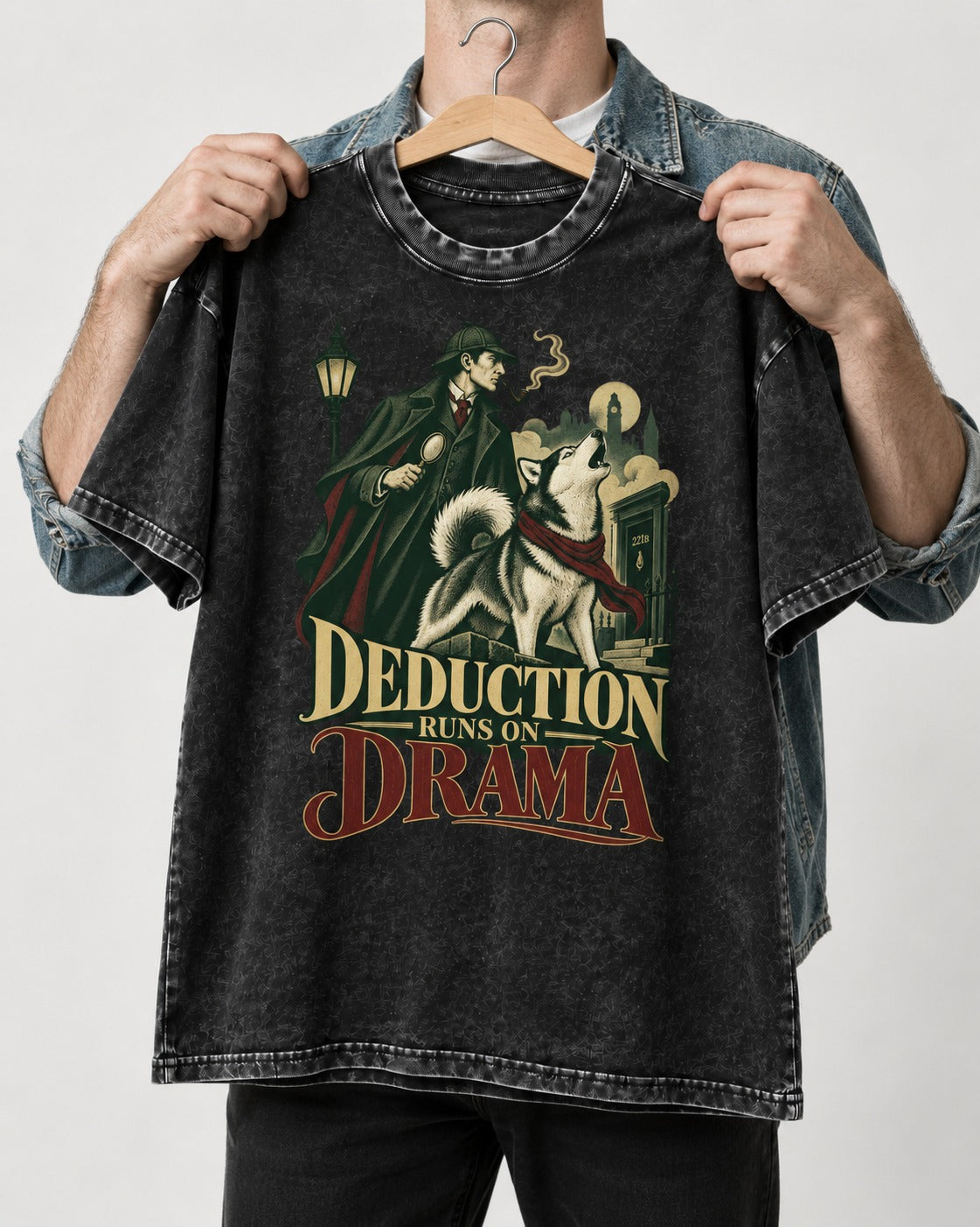 Husky Deduction Runs on Drama Detective Graphic Washed Tee in Black, held up on a hanger