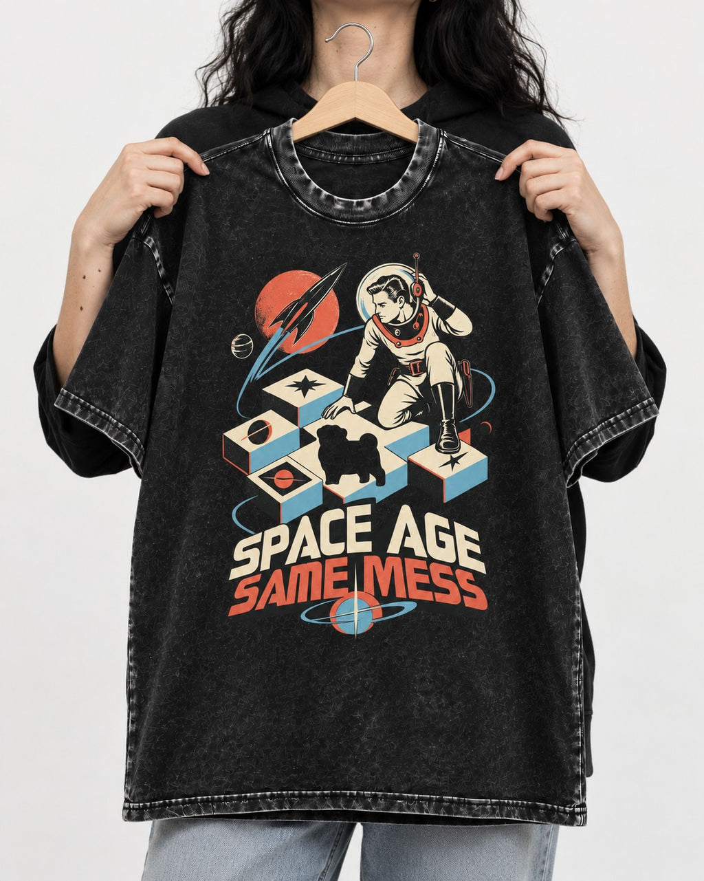 Pug Space Age Same Mess Astronaut Graphic Washed Tee in Black, held up on a hanger