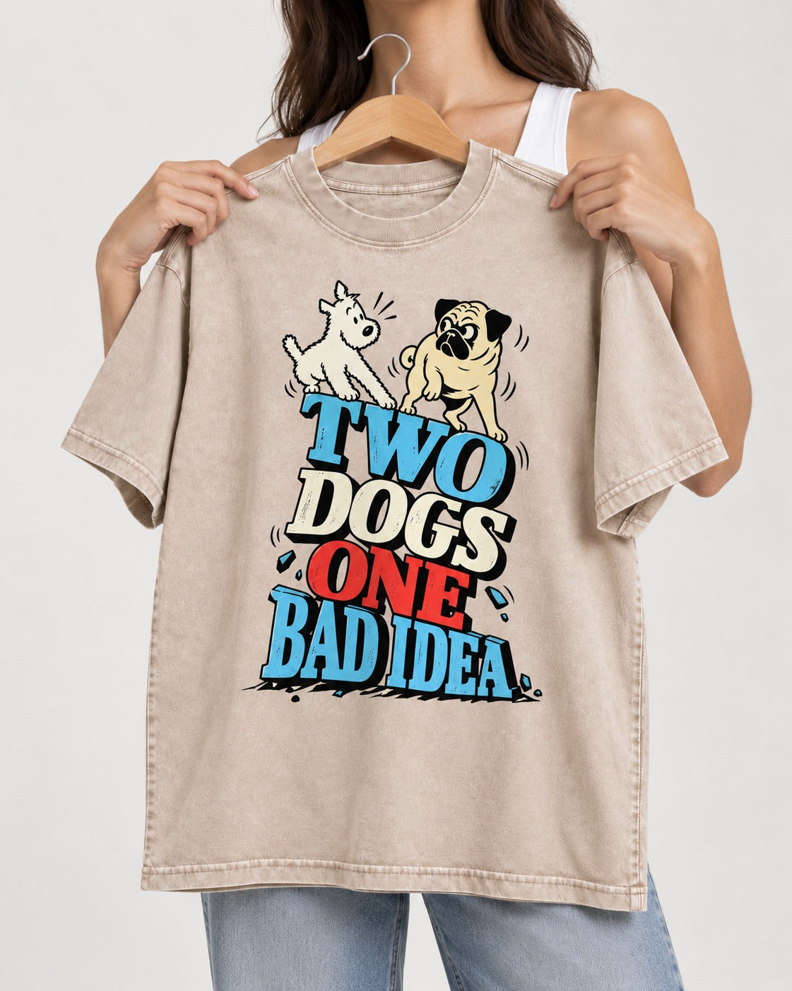 Pug Two Dogs One Bad Idea Graphic Washed Tee in Apricot, held up on a hanger