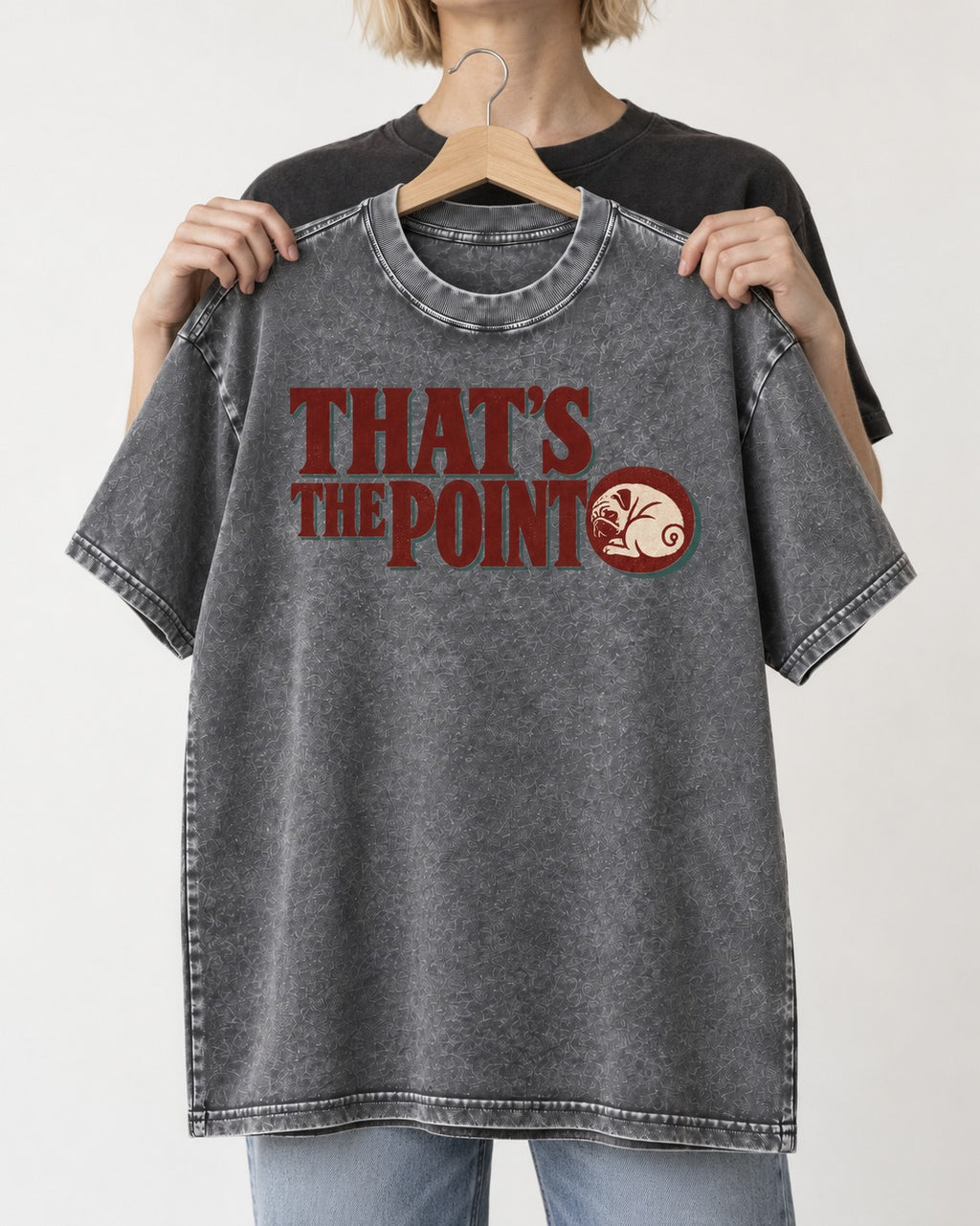 Pug's the Point Washed Tee in Gray, held up on a hanger