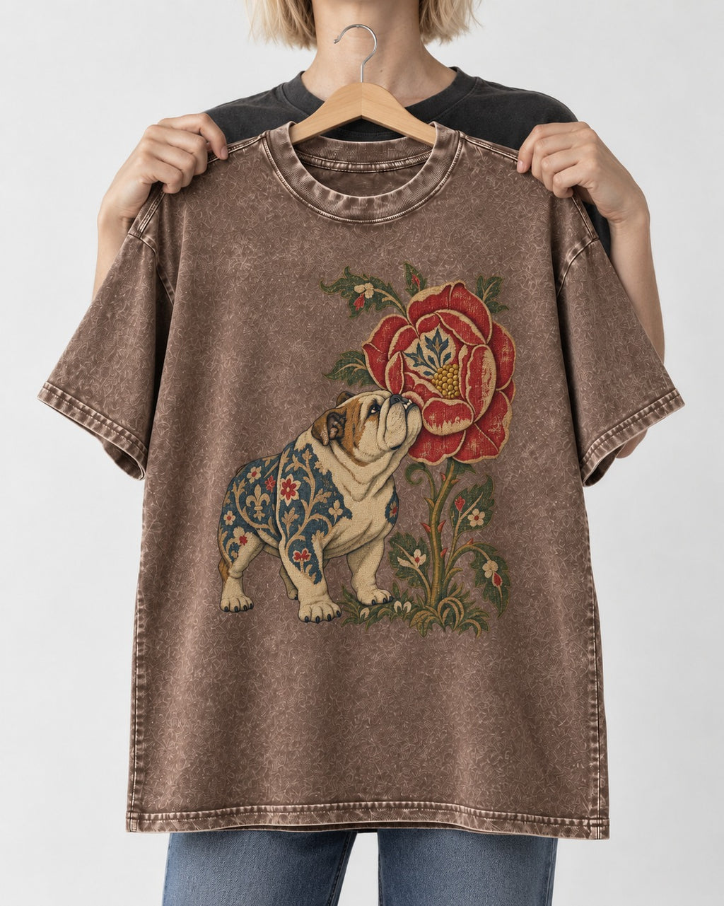 English Bulldog Tender Devotion Washed Tee in Coffee, held up on a hanger