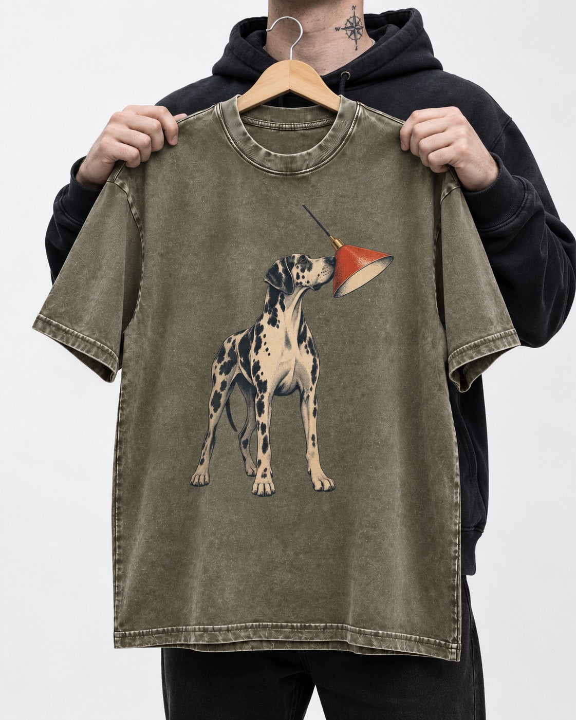 Great Dane Inspecting Hanging Lamp Graphic Washed Tee in Army Green, held up on a hanger