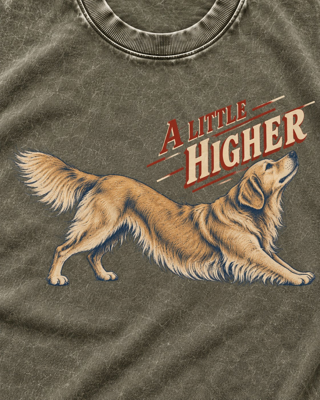 Golden Retriever A Little Higher Play Bow Graphic Washed Tee in Army Green, close-up of the graphic