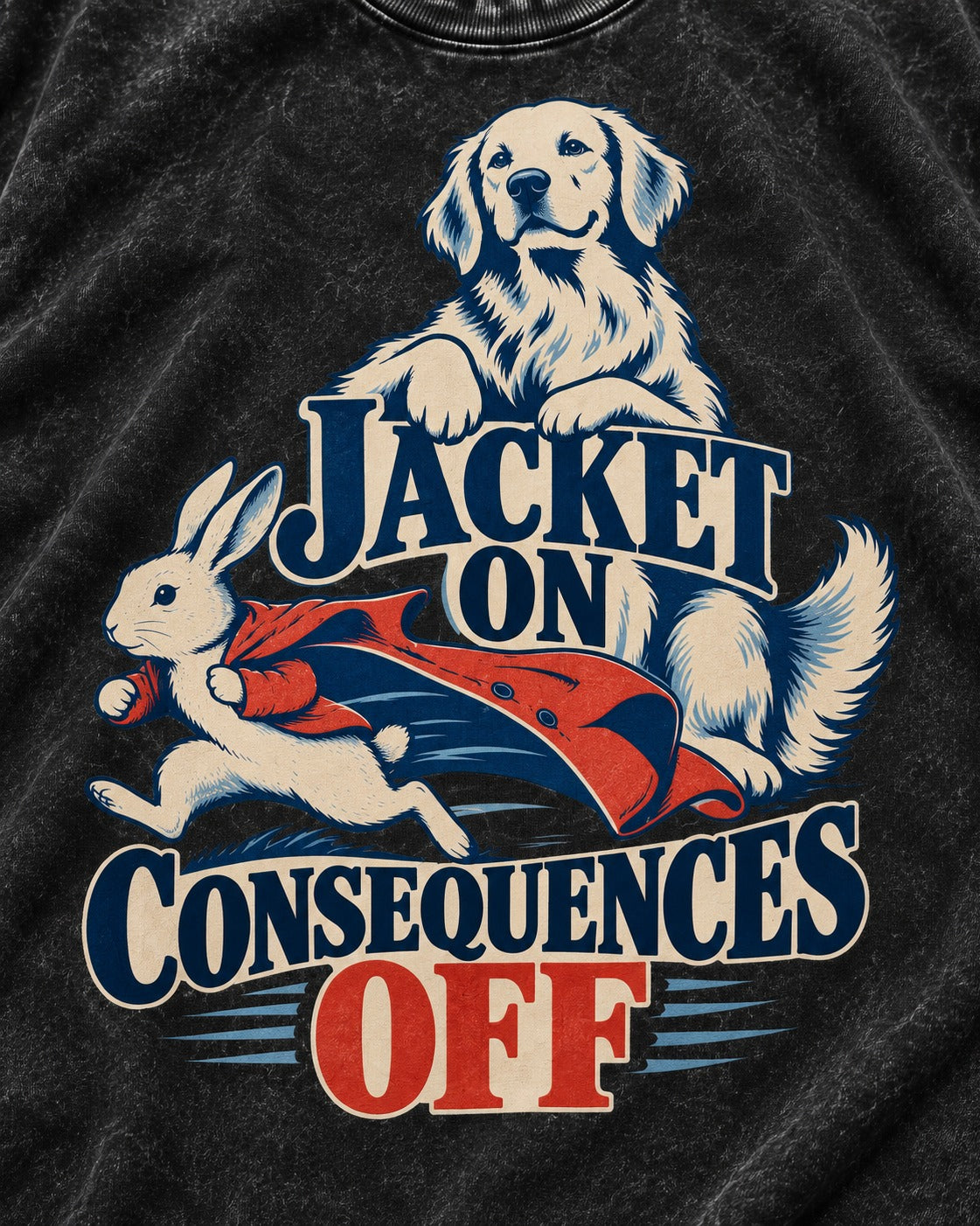 Golden Retriever Jacket On Consequences Off Rabbit Chase Graphic Washed Tee in Black, close-up of the graphic