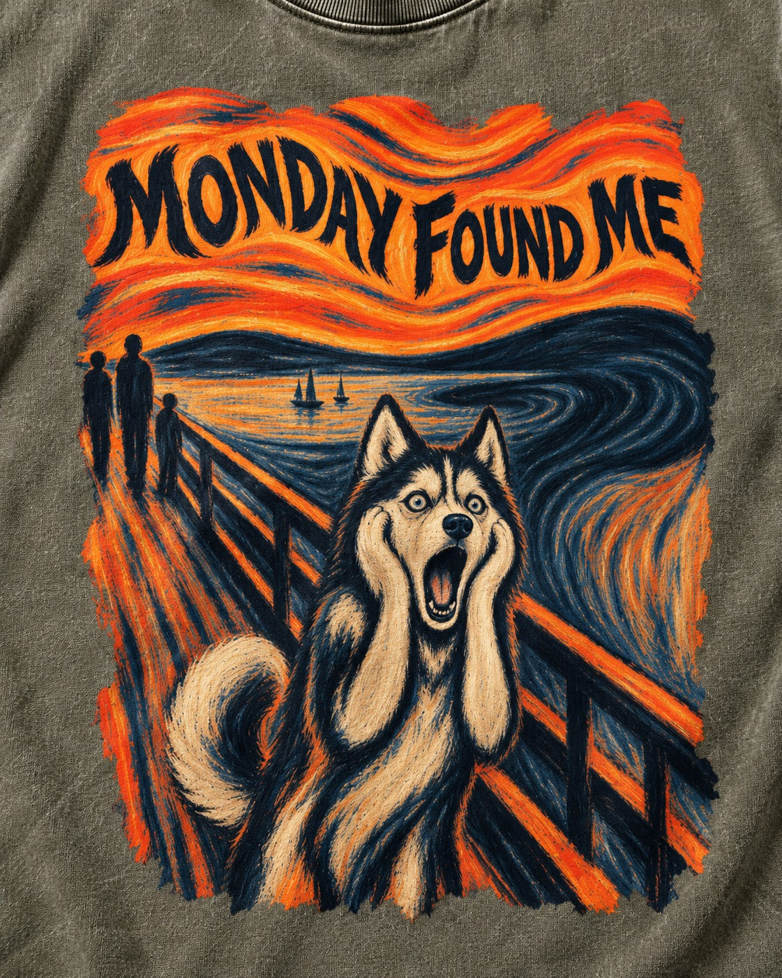 Husky Monday Found Me Scream Parody Graphic Washed Tee in Army Green, close-up of the graphic