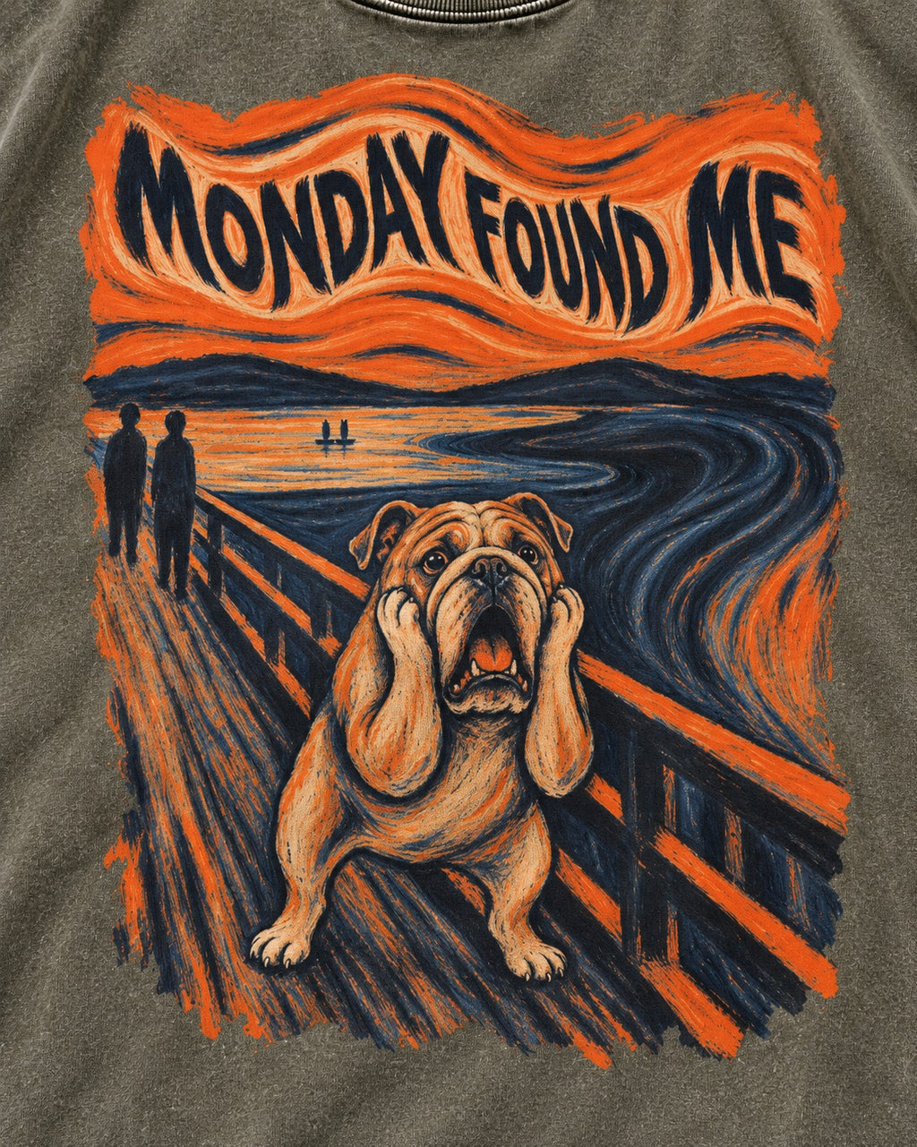 English Bulldog Monday Found Me Scream Graphic Washed Tee in Army Green, close-up of the graphic