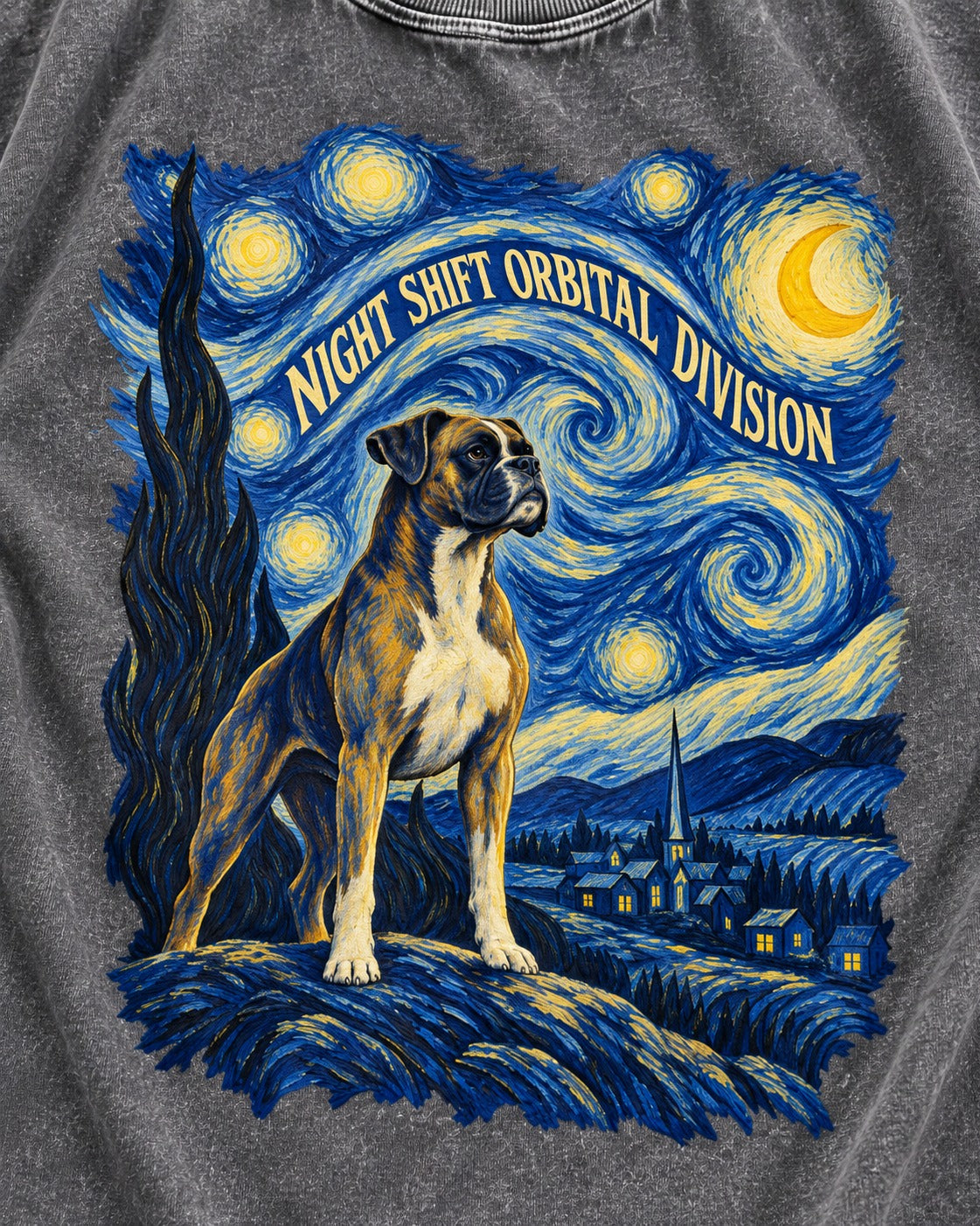 Night Shift Orbital Division Boxer Night Sky Graphic Washed Tee in Gray, close-up of the graphic
