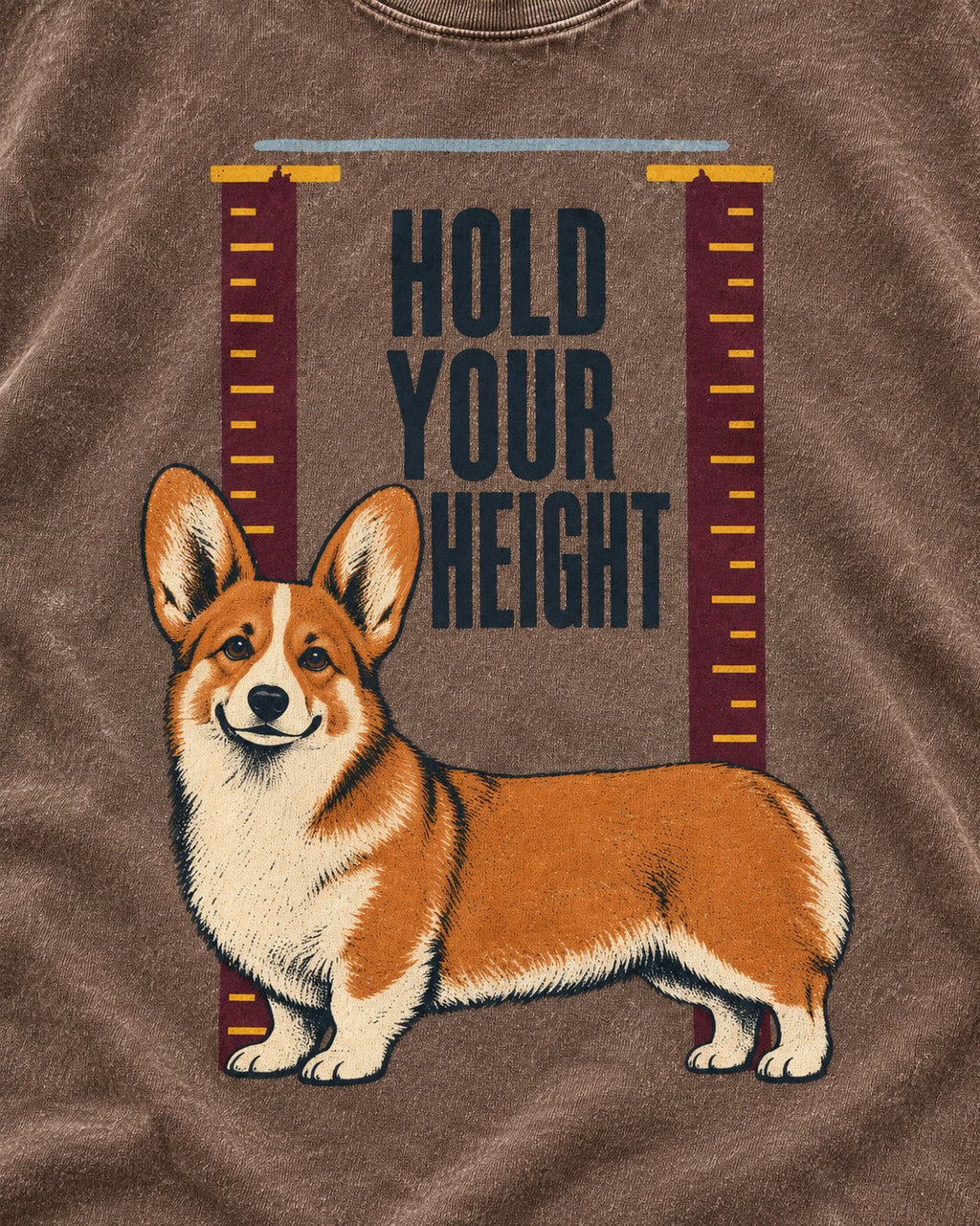 Corgi Hold Your Height Washed Tee in Coffee, close-up of the graphic
