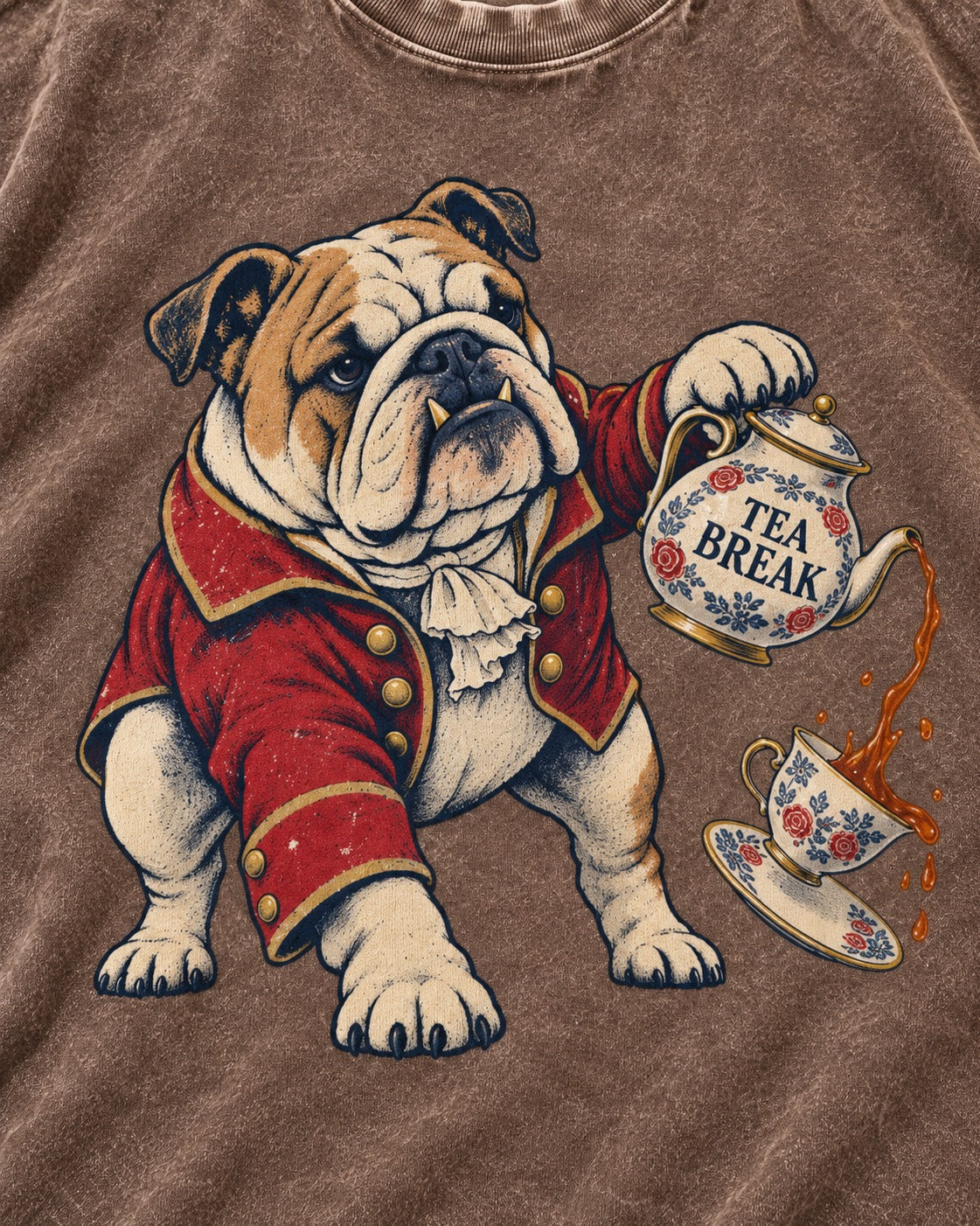 English Bulldog Tea Break Washed Tee in Coffee, close-up of the graphic