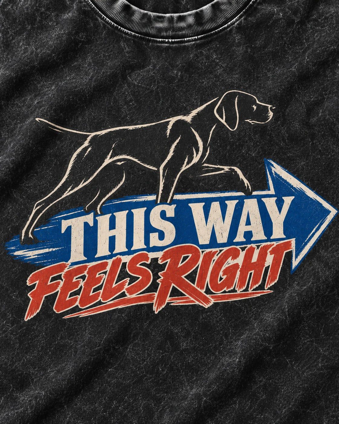 This Way Feels Right Arrow German Shorthaired Pointer Graphic Washed Tee in Black, close-up of the graphic