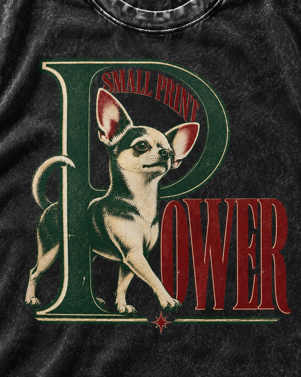 Chihuahua Small Print Power Monogram Graphic Washed Tee in Black, close-up of the graphic